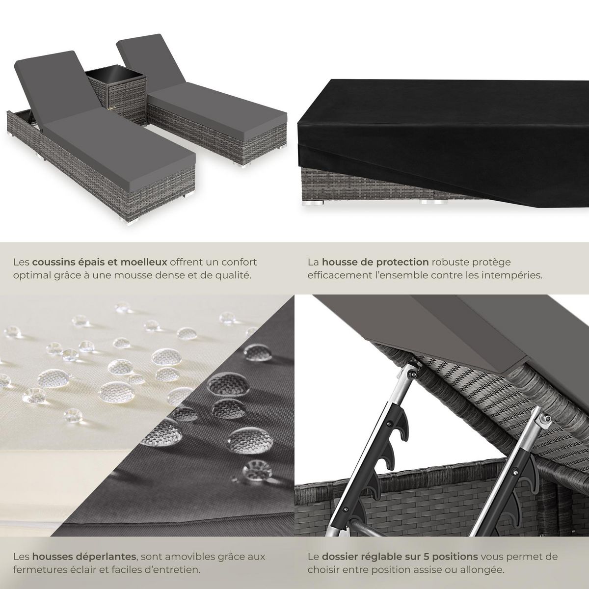 tectake Lot de 2 bains de soleil design luxueux avec cadre en aluminium gris