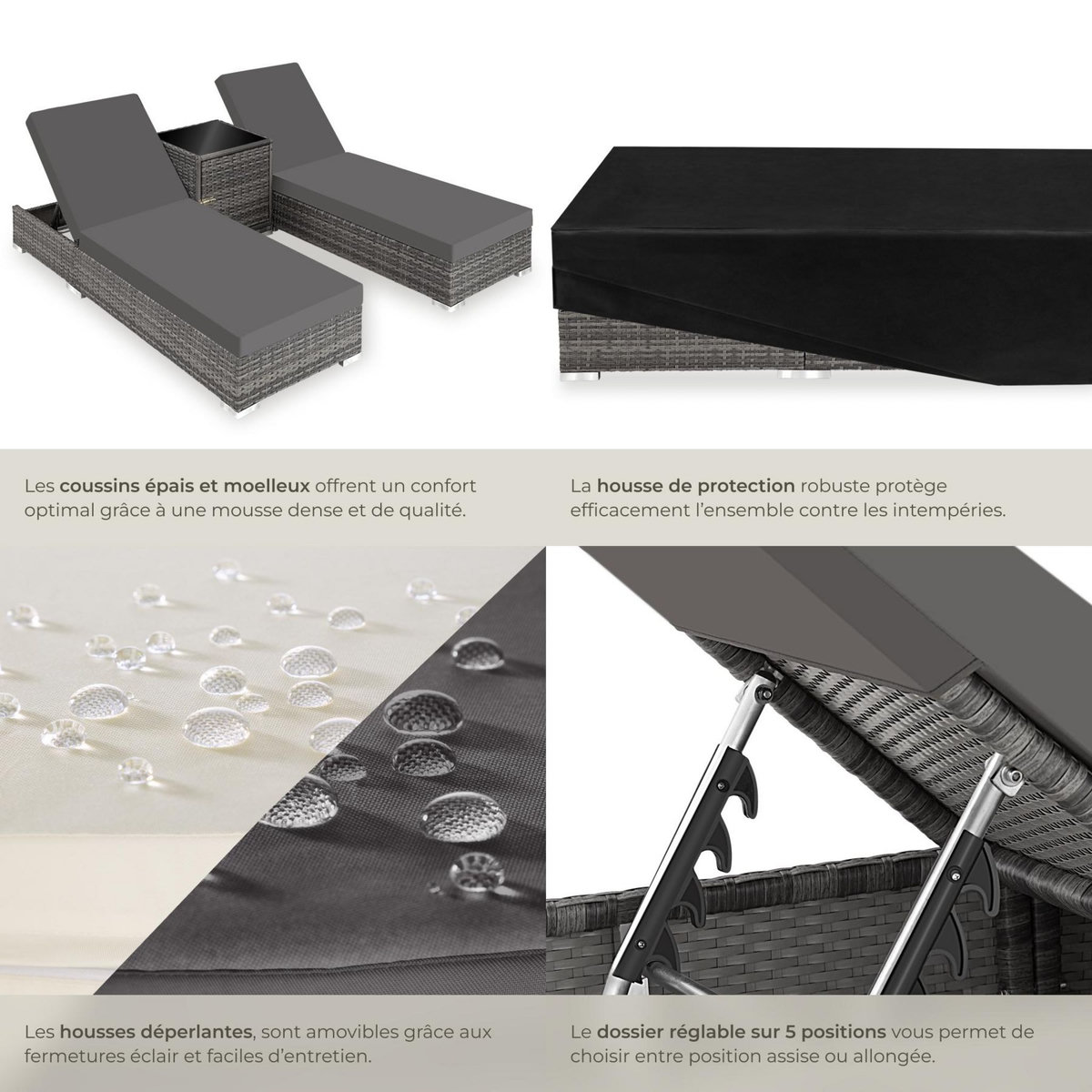 tectake Lot de 2 bains de soleil design luxueux avec cadre en aluminium gris