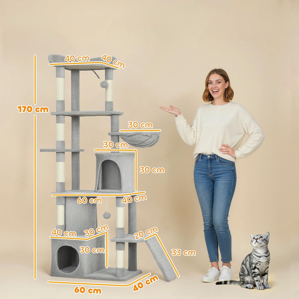 PAWHUT Arbre à chat design gris clair multi-activités - zones de repos, griffoirs - H.170 cm