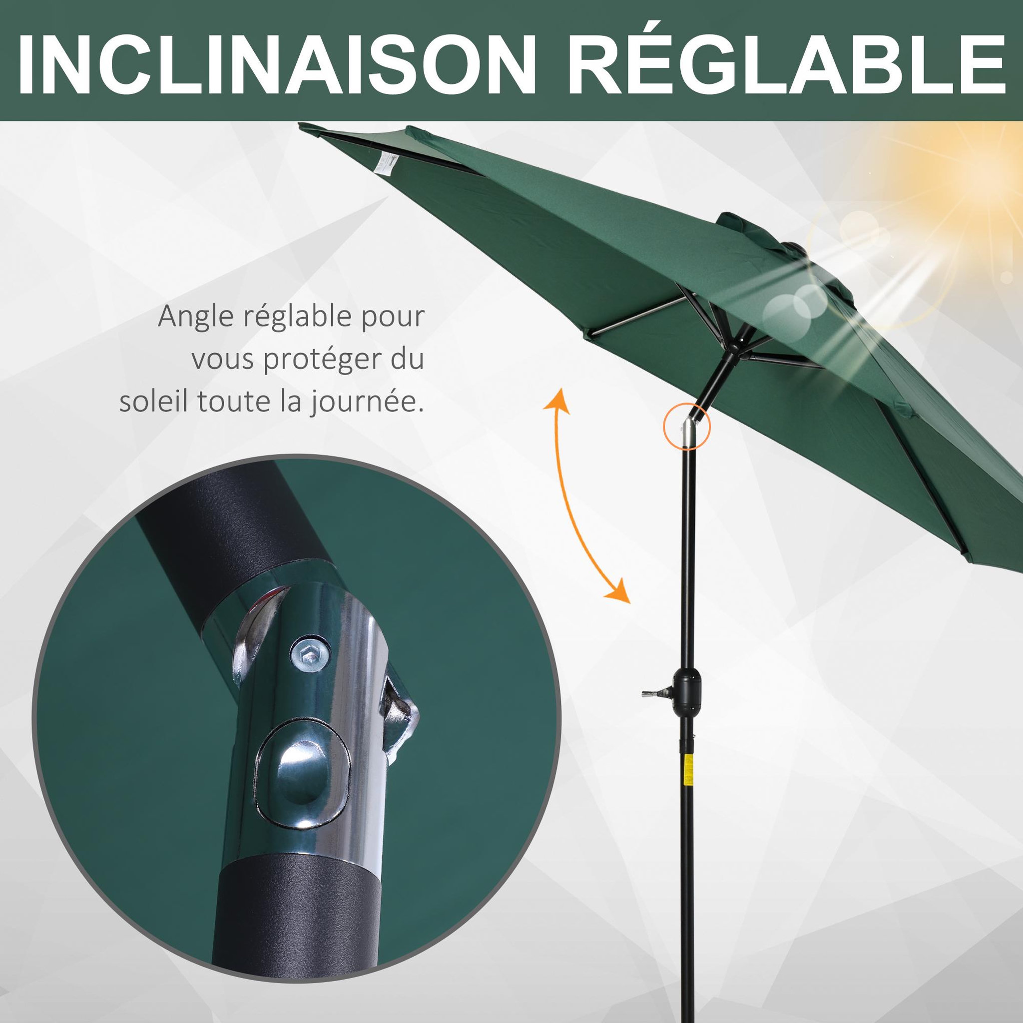 Voir la diapositive 5 : OUTSUNNY Parasol inclinable de jardin balcon terrasse manivelle toile polyester imperméabilisée haute densité 180 g/m² Ø2,7 x 2,35H m alu vert