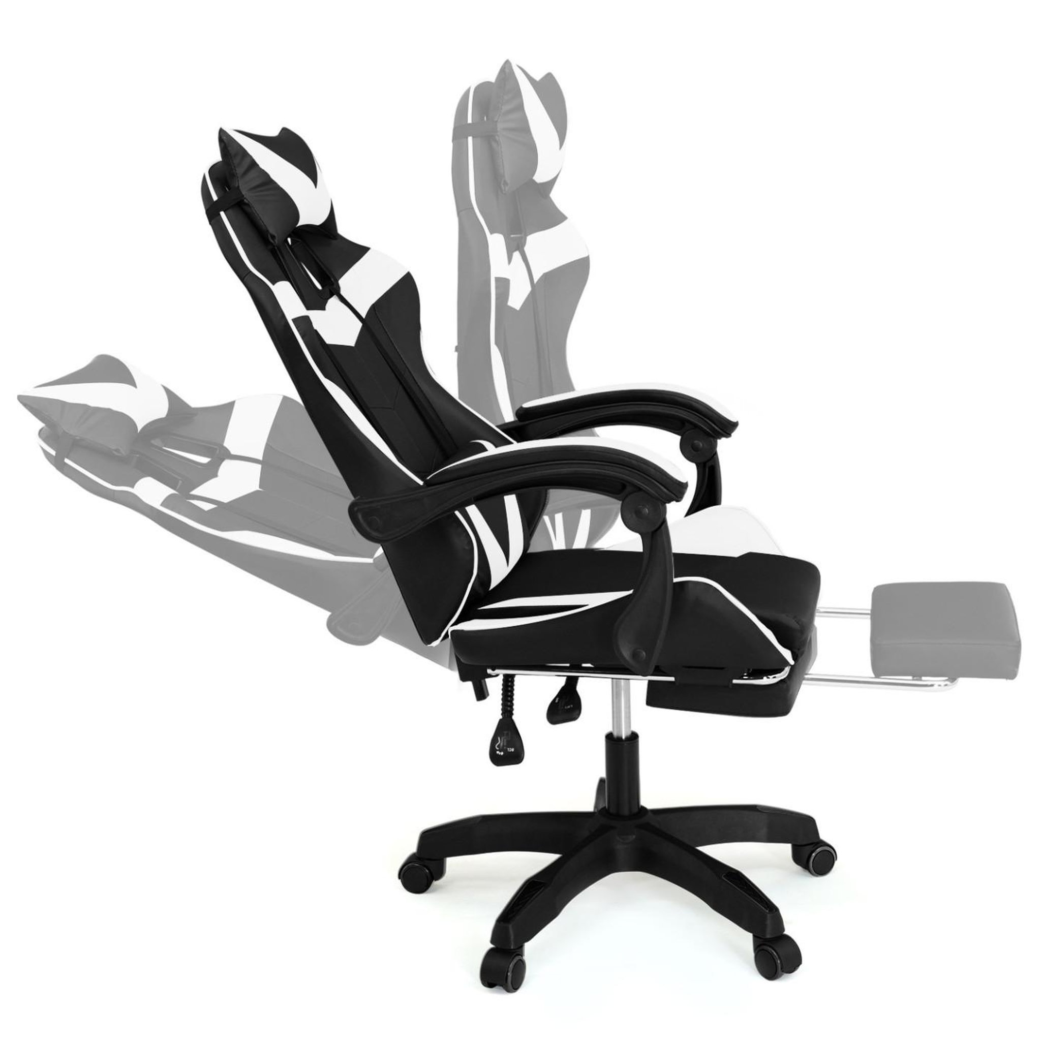 Voir la diapositive 3 : ID MARKET Fauteuil de gaming alex réglable avec repose-pied, coussin de tête et coussin lombaire noir et blanc