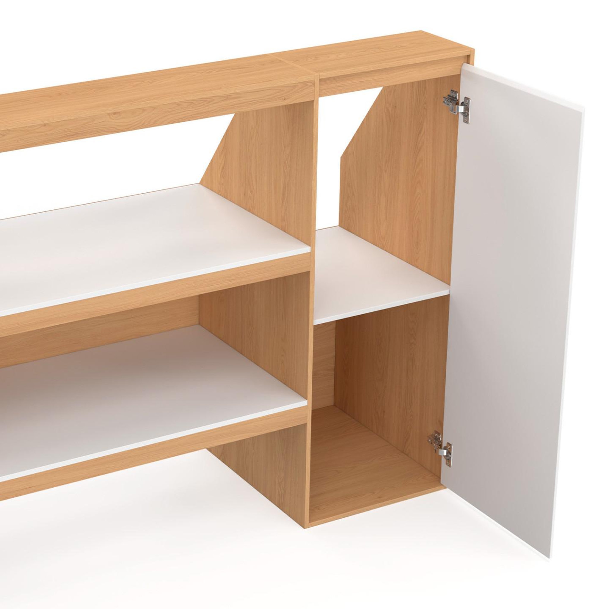 Voir la diapositive 6 : ID MARKET Ensemble étagère 2 niveaux, armoire 1 porte et armoire 1 porte + 1 niche sous pente tomi hêtre et blanc