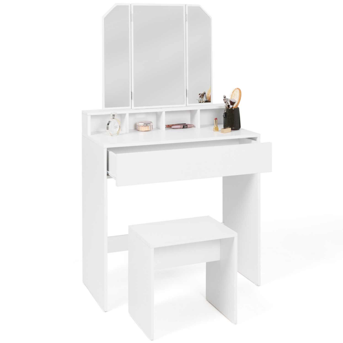 ID MARKET Coiffeuse ZELIA 3 miroirs avec 4 niches, 1 tiroir et tabouret