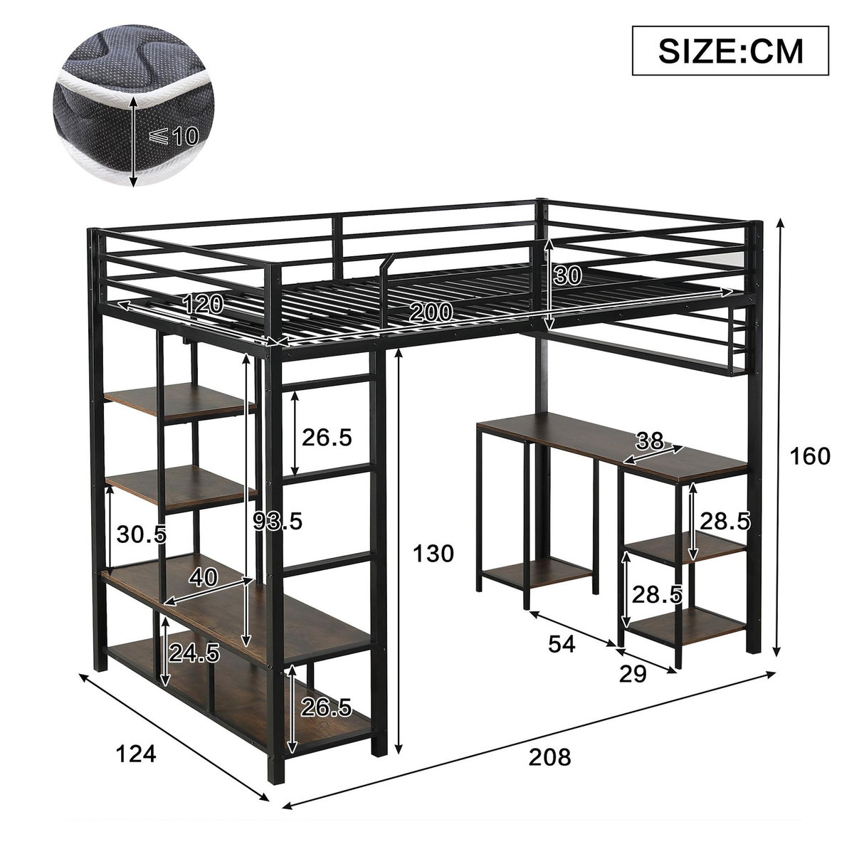 MERAX Lit mezzanine 120x200 cm coloris noir métal