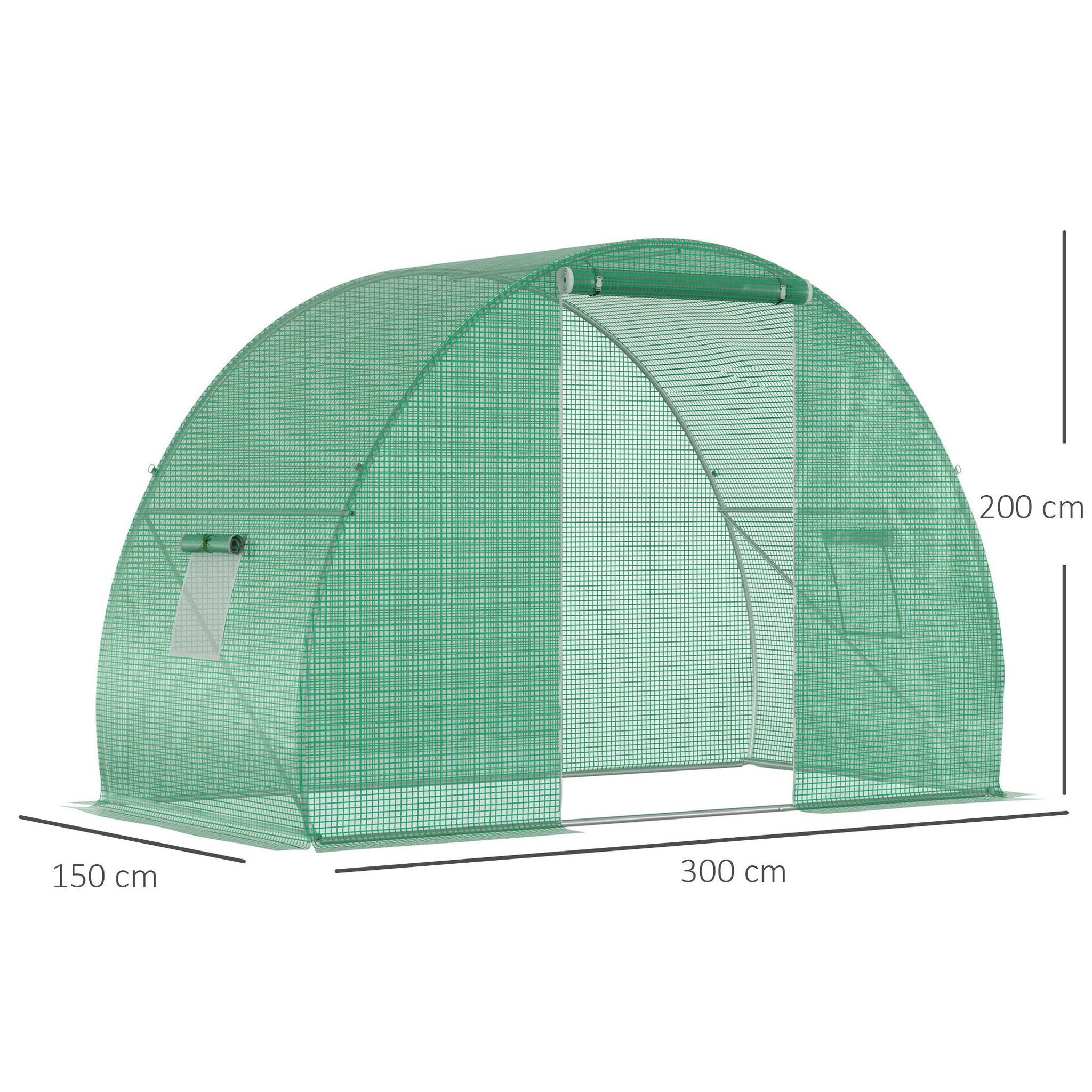Voir la diapositive 3 : OUTSUNNY Serre de jardin tunnel surface sol 4,5 m² dim. 3l x 1,5l x 2h m châssis tubulaire renforcé porte zippée 2 fenêtres enroulables vert