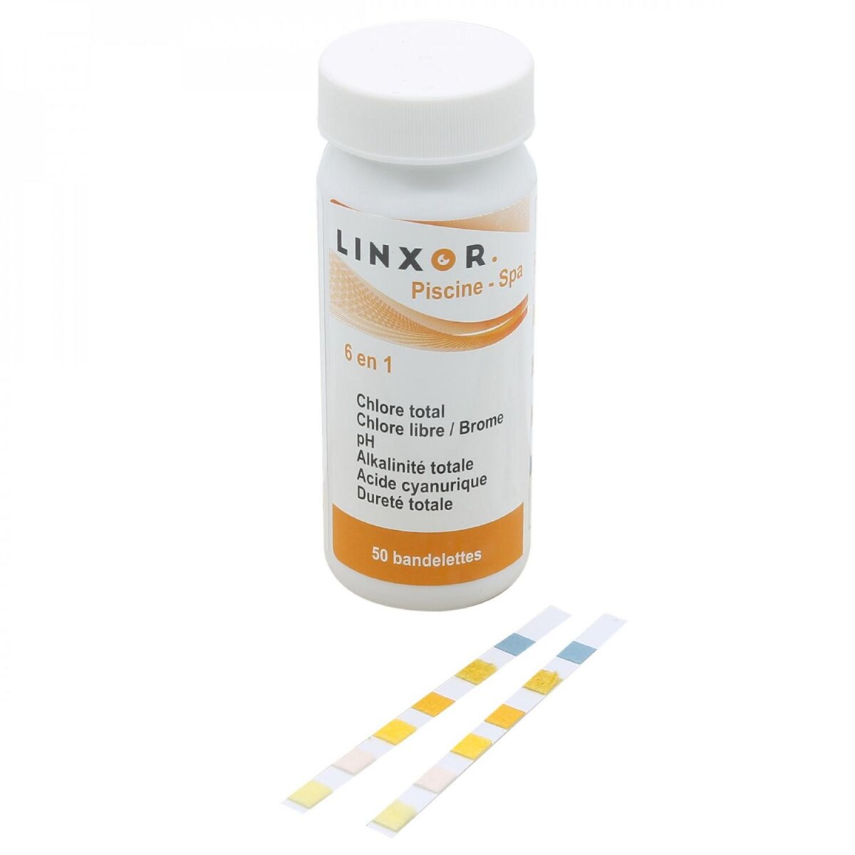 LINXOR Boite de 50 bandelettes d'analyse PH, alcalinité, acide cyanurique, chlore libre, brome et dureté totale - 6 en 1