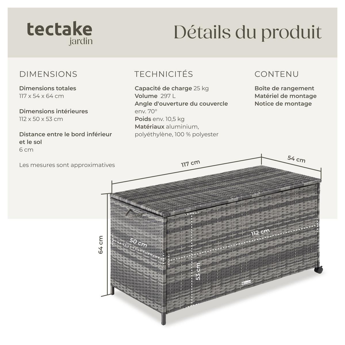 tectake Coffre de jardin caisse de rangement pour coussins 297 l, avec cadre en aluminium et tressage en rotin gris