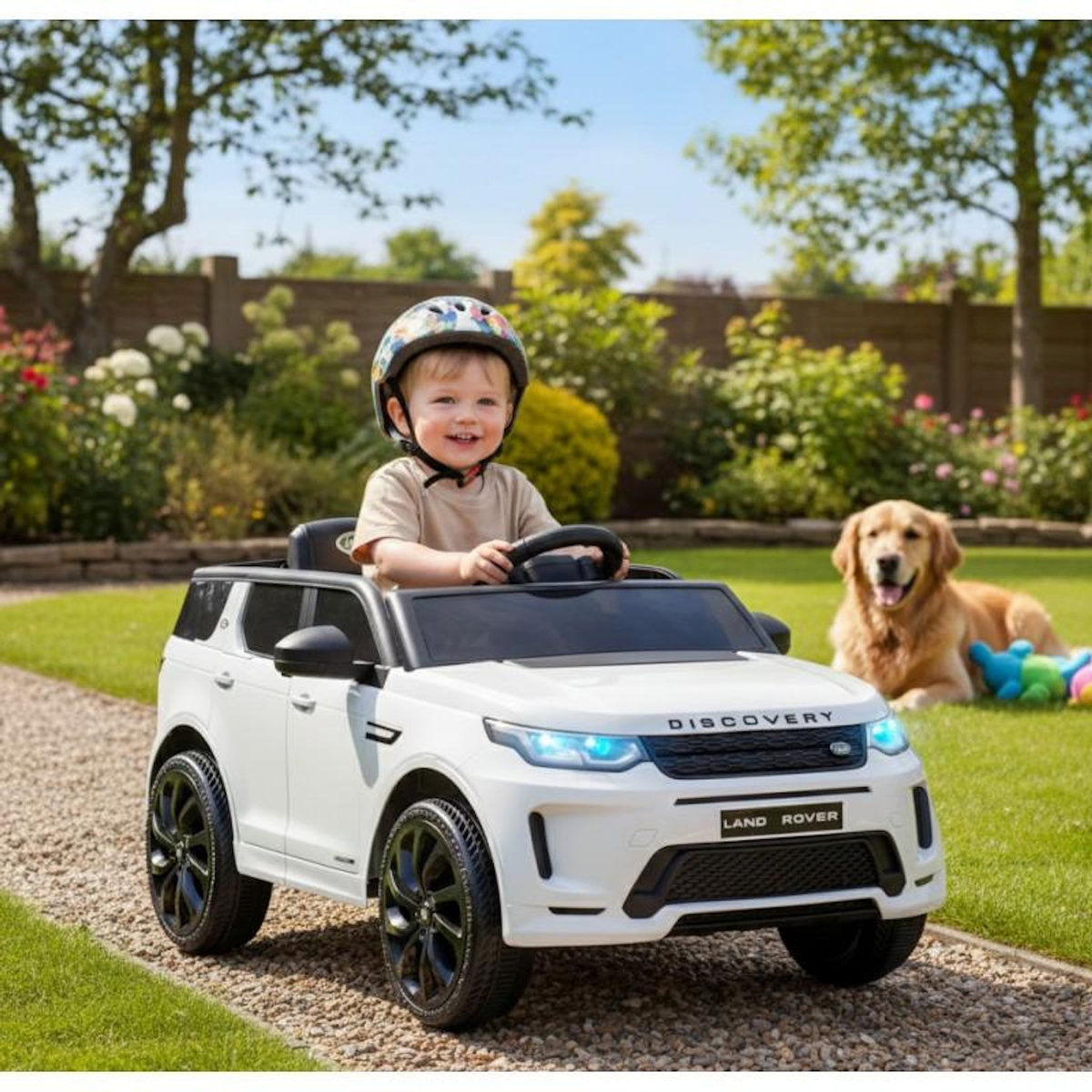 PLAY4FUN Voiture électrique SUV pour enfant Land Rover Discovery 2x 25W - marche AV/AR, Phares et Système audio