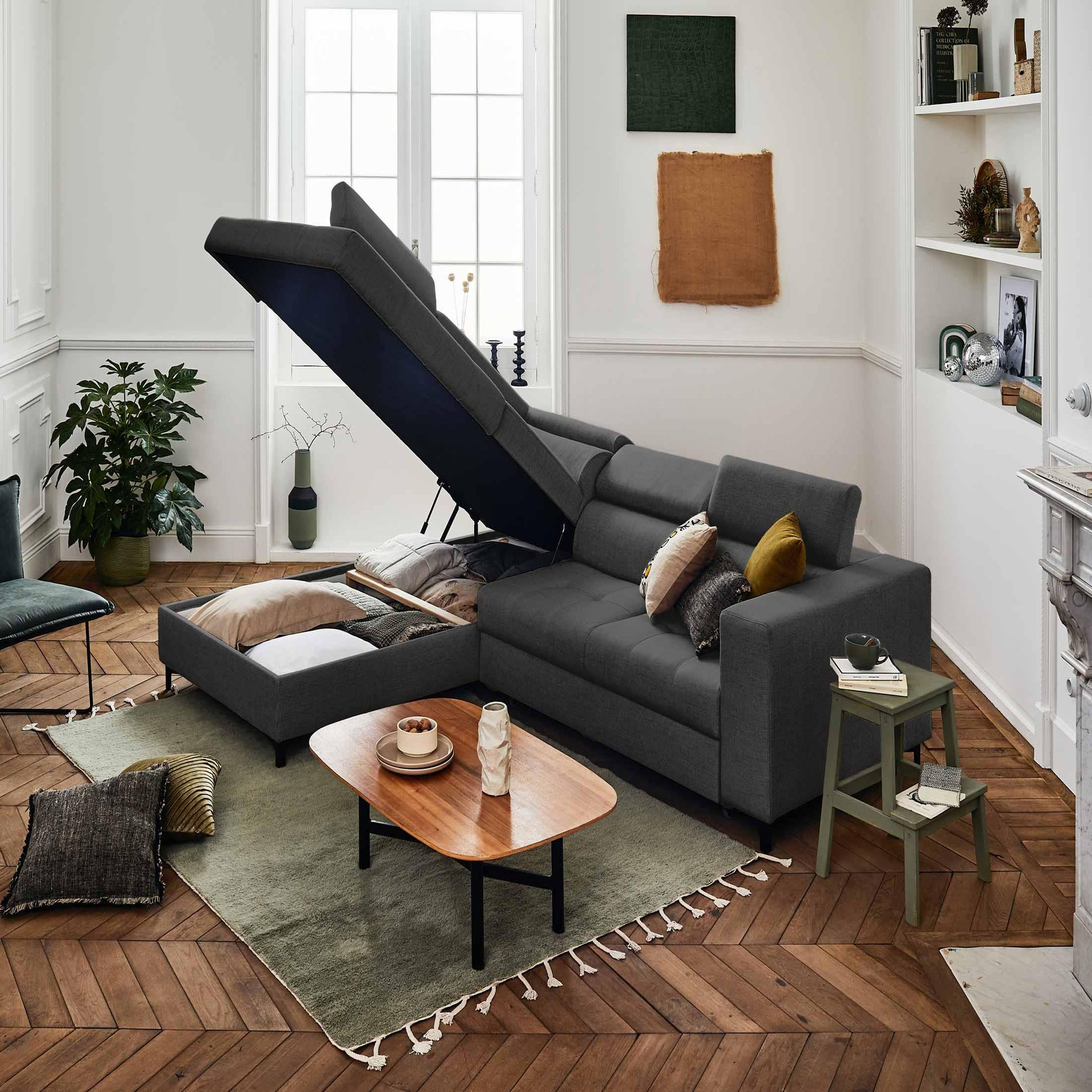 Voir la diapositive 3 : LISA DESIGN Olinda - canapé d'angle gauche - 5 places - convertible avec coffre et têtières réglables - en tissu