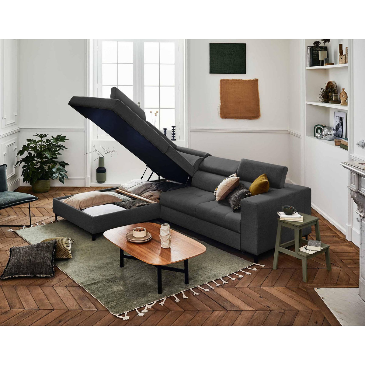 LISA DESIGN Olinda - canapé d'angle gauche - 5 places - convertible avec coffre et têtières réglables - en tissu