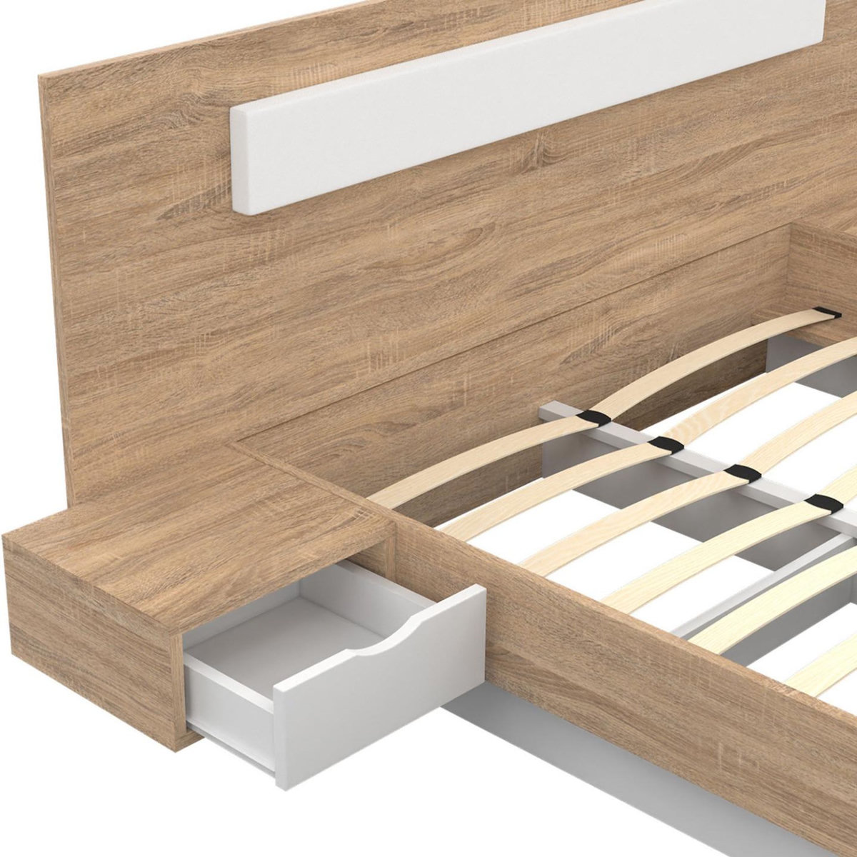 ID MARKET Lit double SANTA avec tête de lit + tables de chevet intégrées et sommier 140 x 190 cm bois et blanc