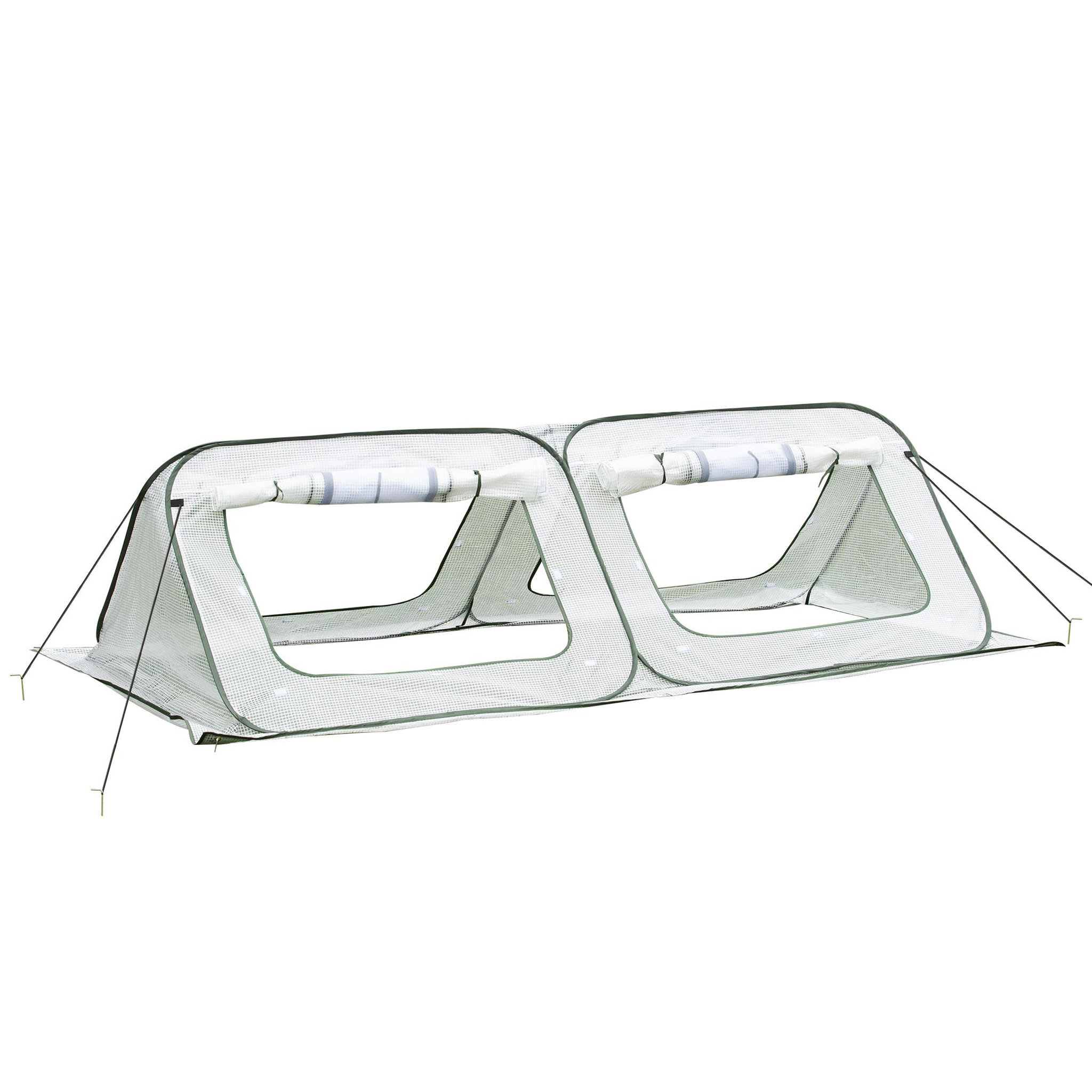 Voir la diapositive 1 : OUTSUNNY Mini serre pop-up de jardin - serre à tomates - 4 fenêtres + 4 portes zippées enroulable - dim. 2,4L x 1,2l x 0,75H m - sac transport inclus - PE blanc vert