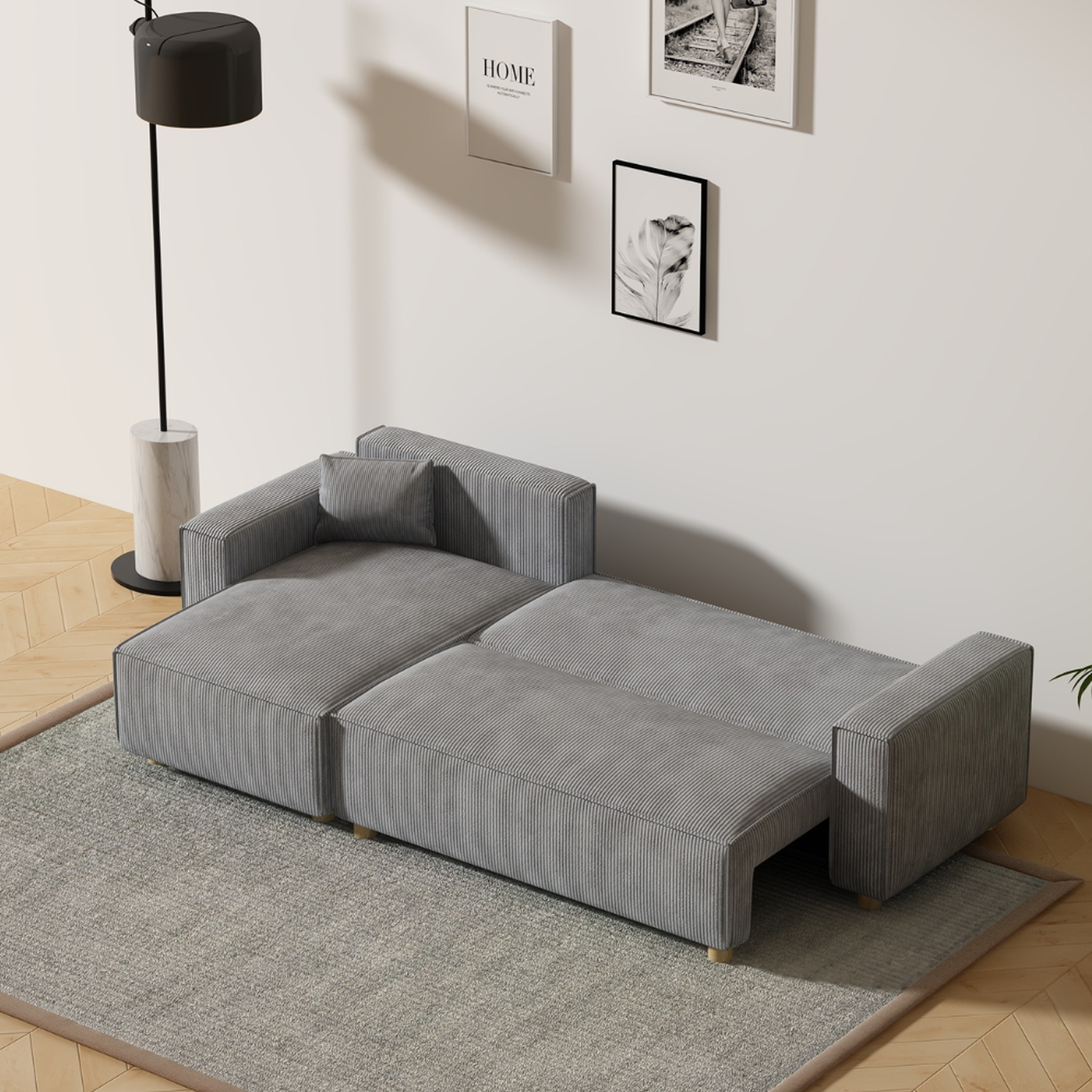 Voir la diapositive 3 : CONCEPT USINE Canapé convertible d'angle en velours côtelé gris clair cosy