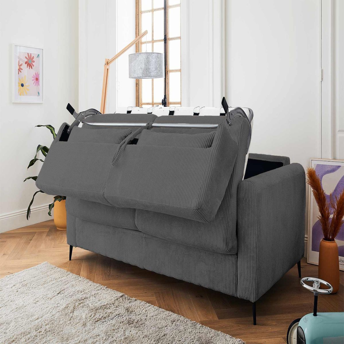 LISA DESIGN Owen - canapé 3 places convertible express couchage quotidien 140 cm matelas 12 cm en velours côtelé