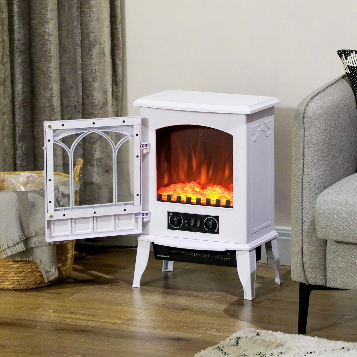 HOMCOM Cheminée électrique poêle style rétro 1000-2000 W simulation flammes LED porte blanc