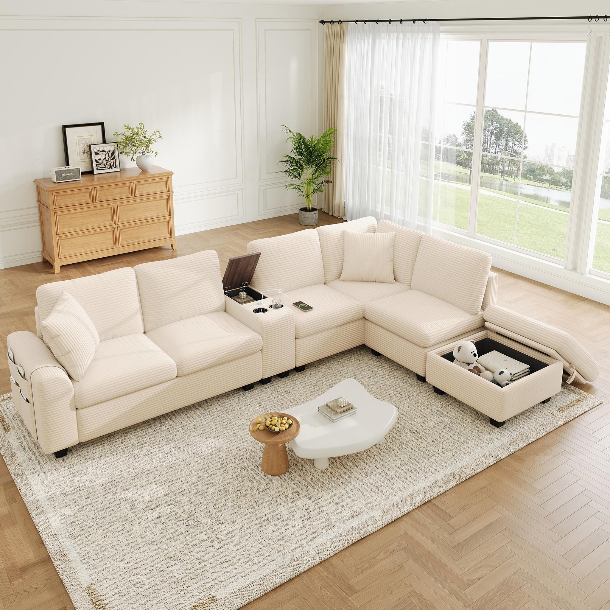Voir la diapositive 2 : MERAX Canapé d'angle modulable u/l 6 places avec console usb tissu côtelé