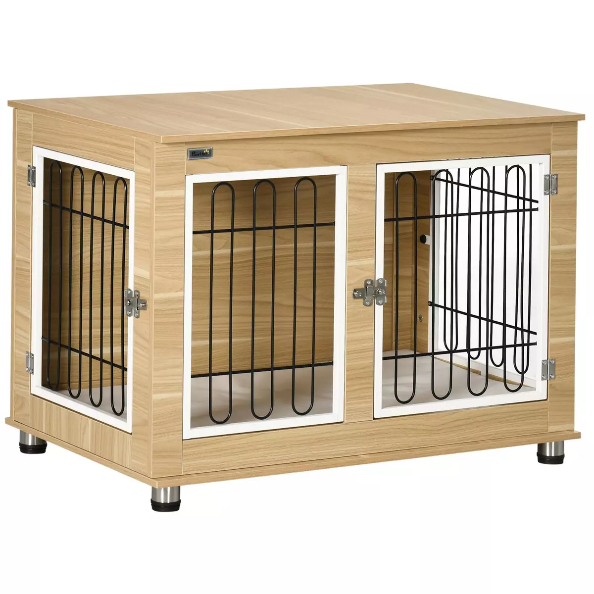 PAWHUT Cage pour chien sur pied - 2 portes verrouillables, coussin déhoussable inclus - acier filaire noir panneaux aspect bois clair