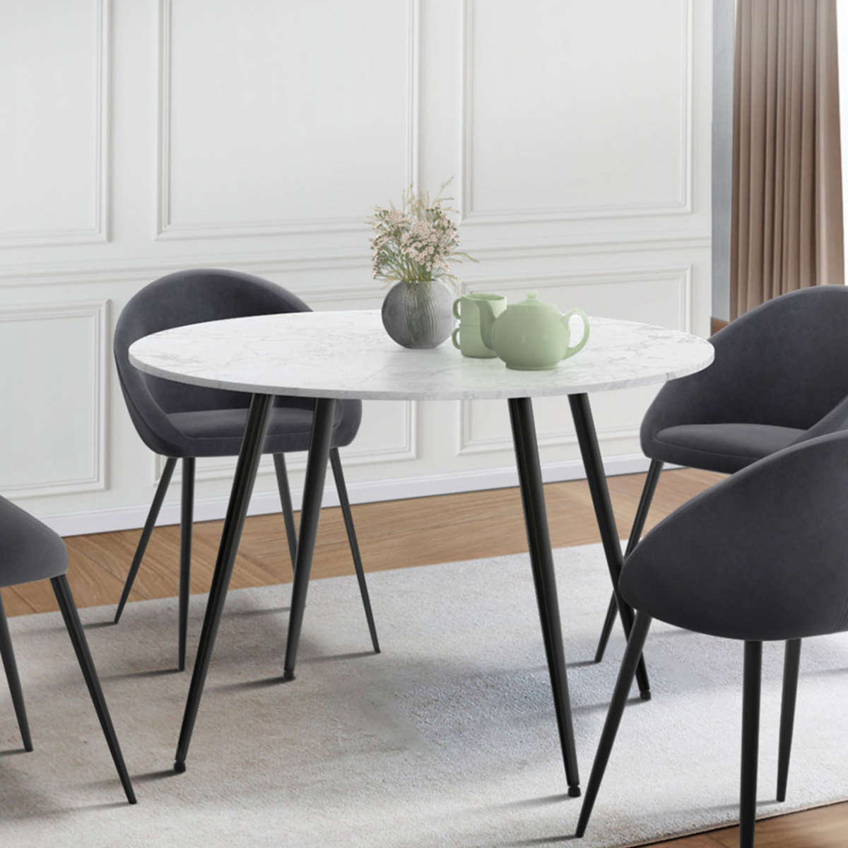 ID MARKET Table à manger ronde AMELIA 4 personnes effet marbre blanc ALASKA pieds métal noir 110 cm