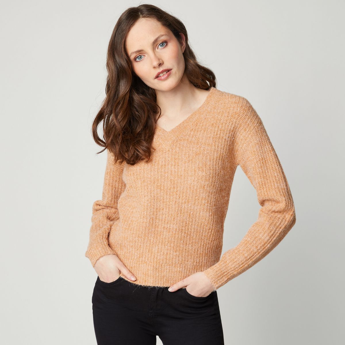 INEXTENSO Pull col v en maille marron femme