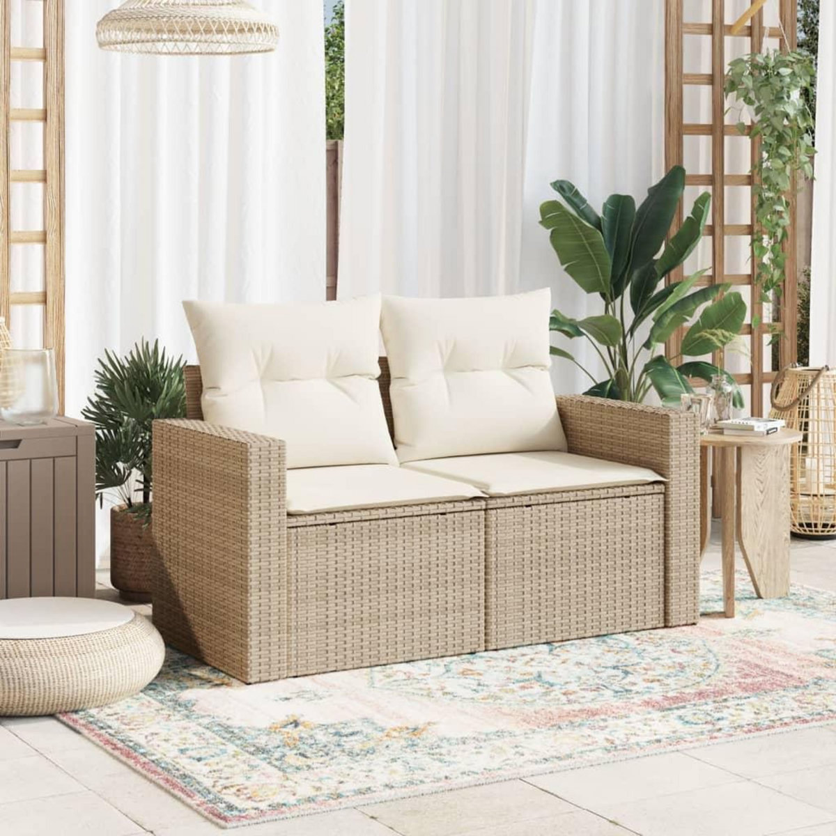 VIDAXL Canape de jardin avec coussins 2 places beige resine tressee