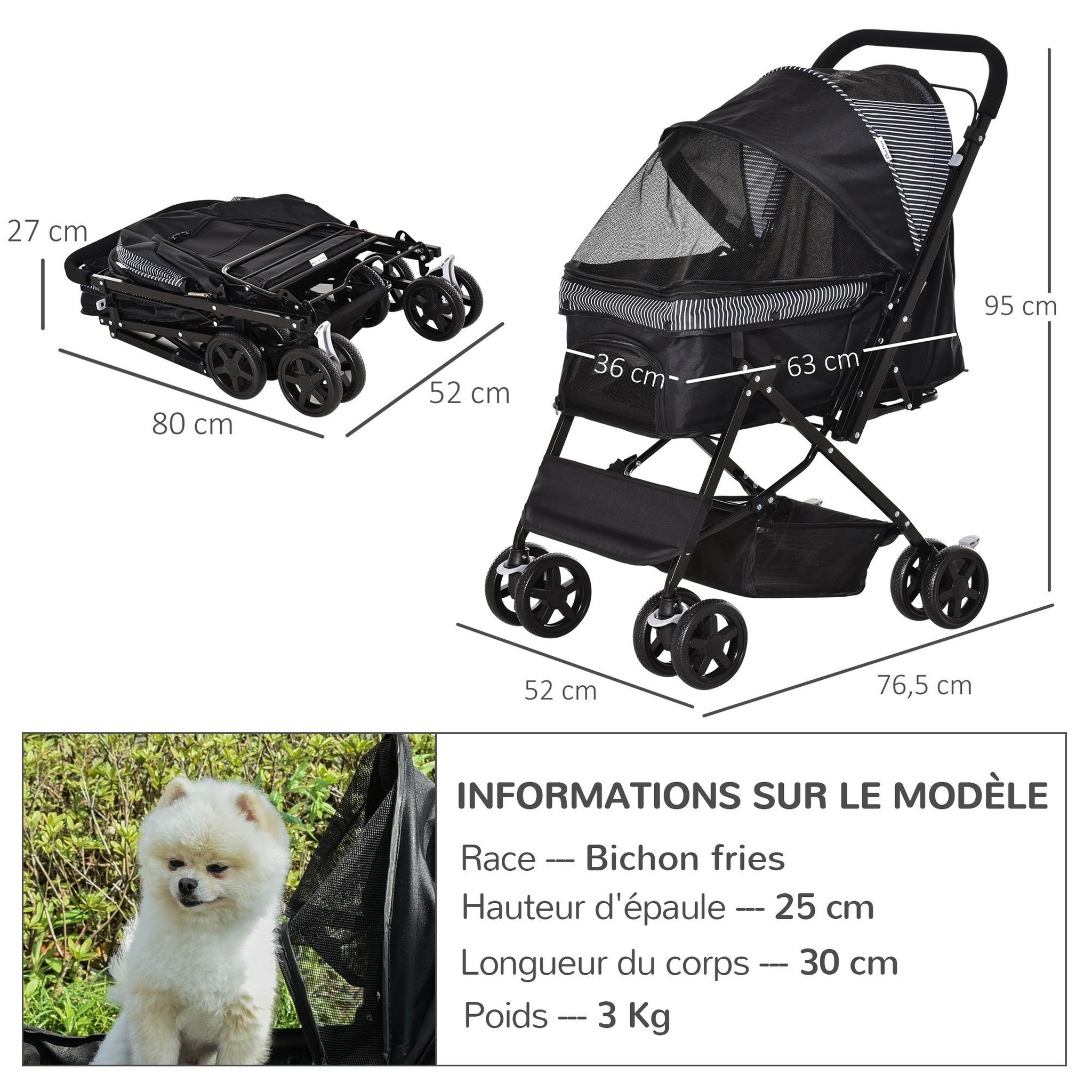 Voir la diapositive 3 : PAWHUT Poussette buggy pliable chien chat panier et sac de rangement attaches sécurité housse réglable poignée réglable acier oxford noir