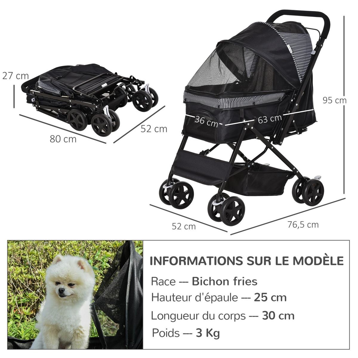 PAWHUT Poussette buggy pliable chien chat panier et sac de rangement attaches sécurité housse réglable poignée réglable acier Oxford noir