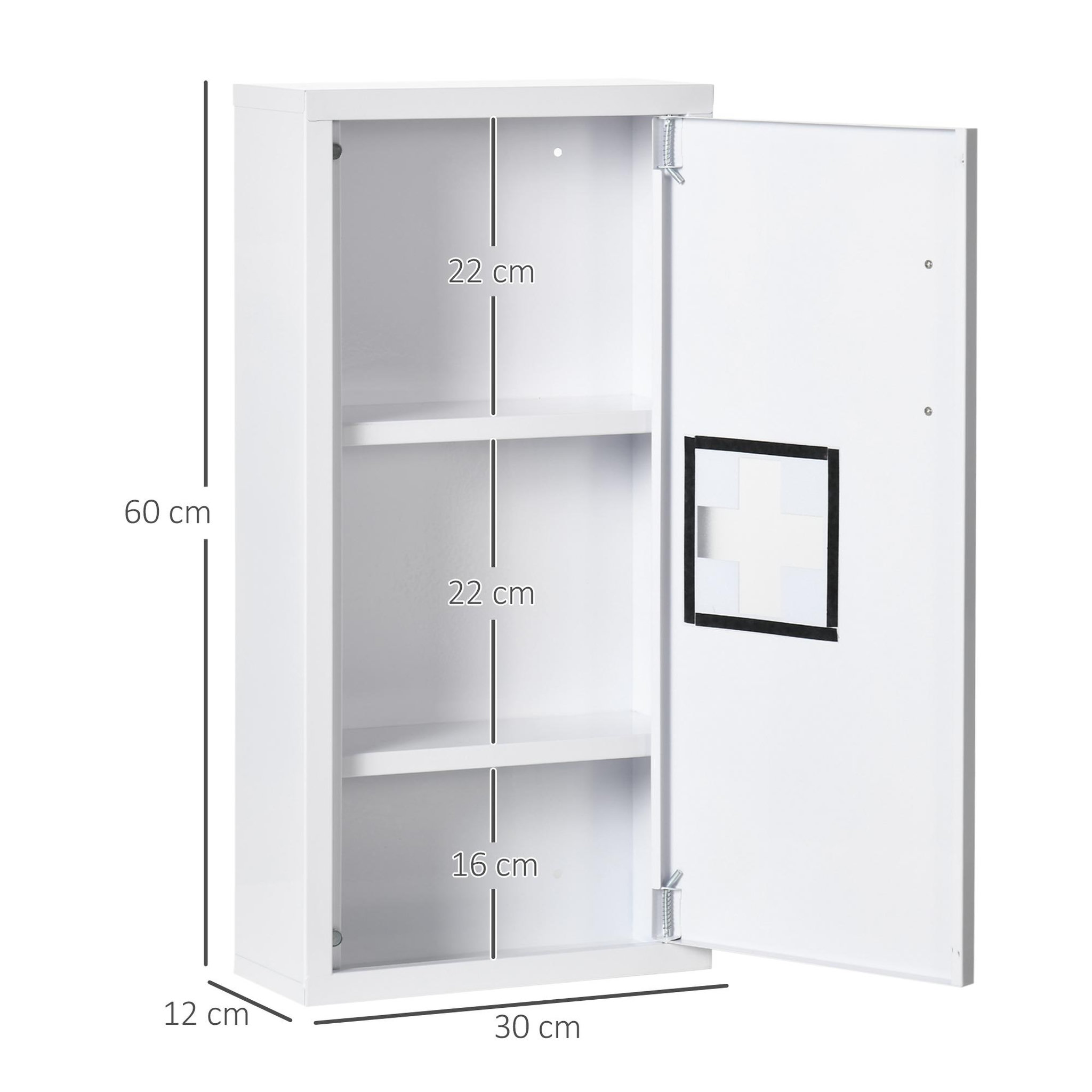 Voir la diapositive 3 : KLEANKIN Armoire à pharmacie 2 étagères 3 niveaux dim. 30l x 12l x 60h cm logo croix transparent acier blanc