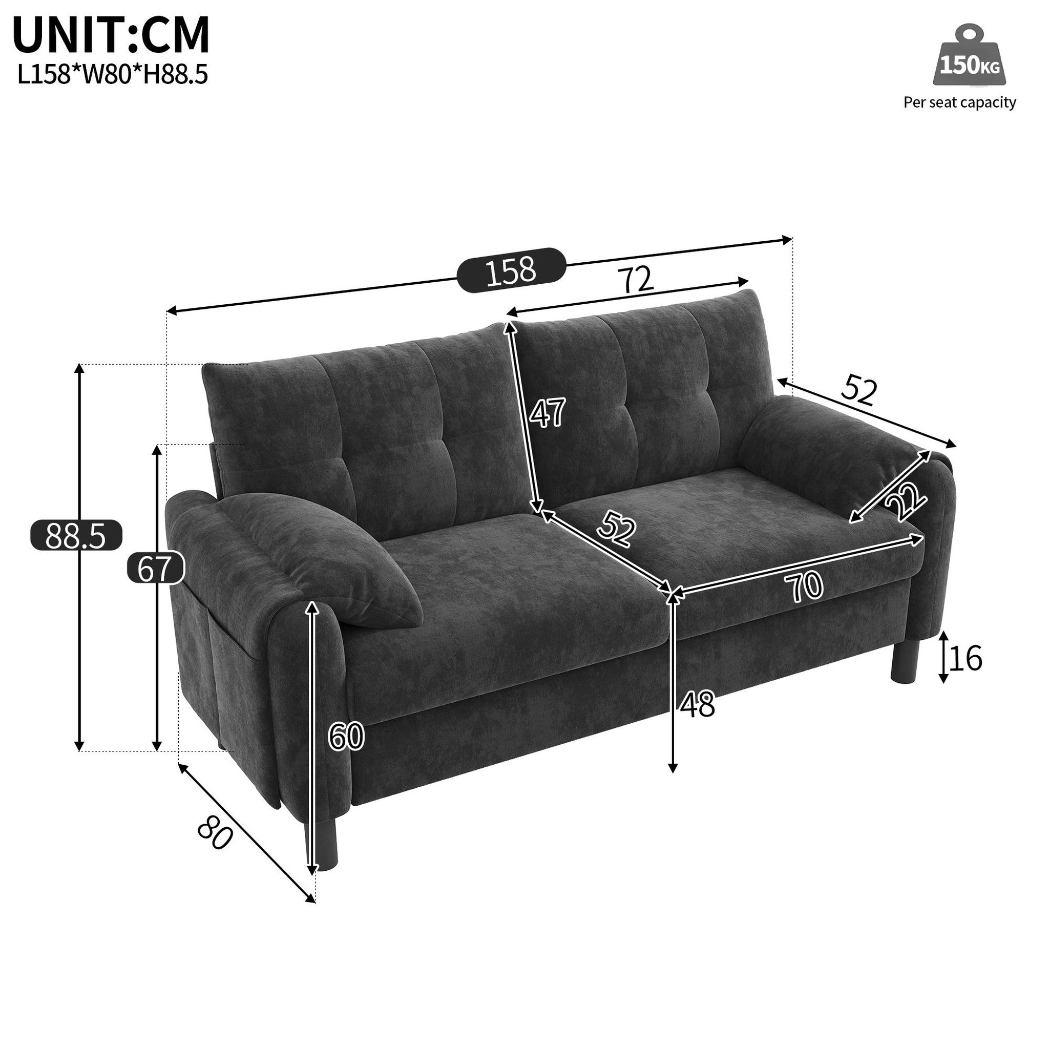 Voir la diapositive 3 : MERAX Canapé droit fixe 2 places tissu