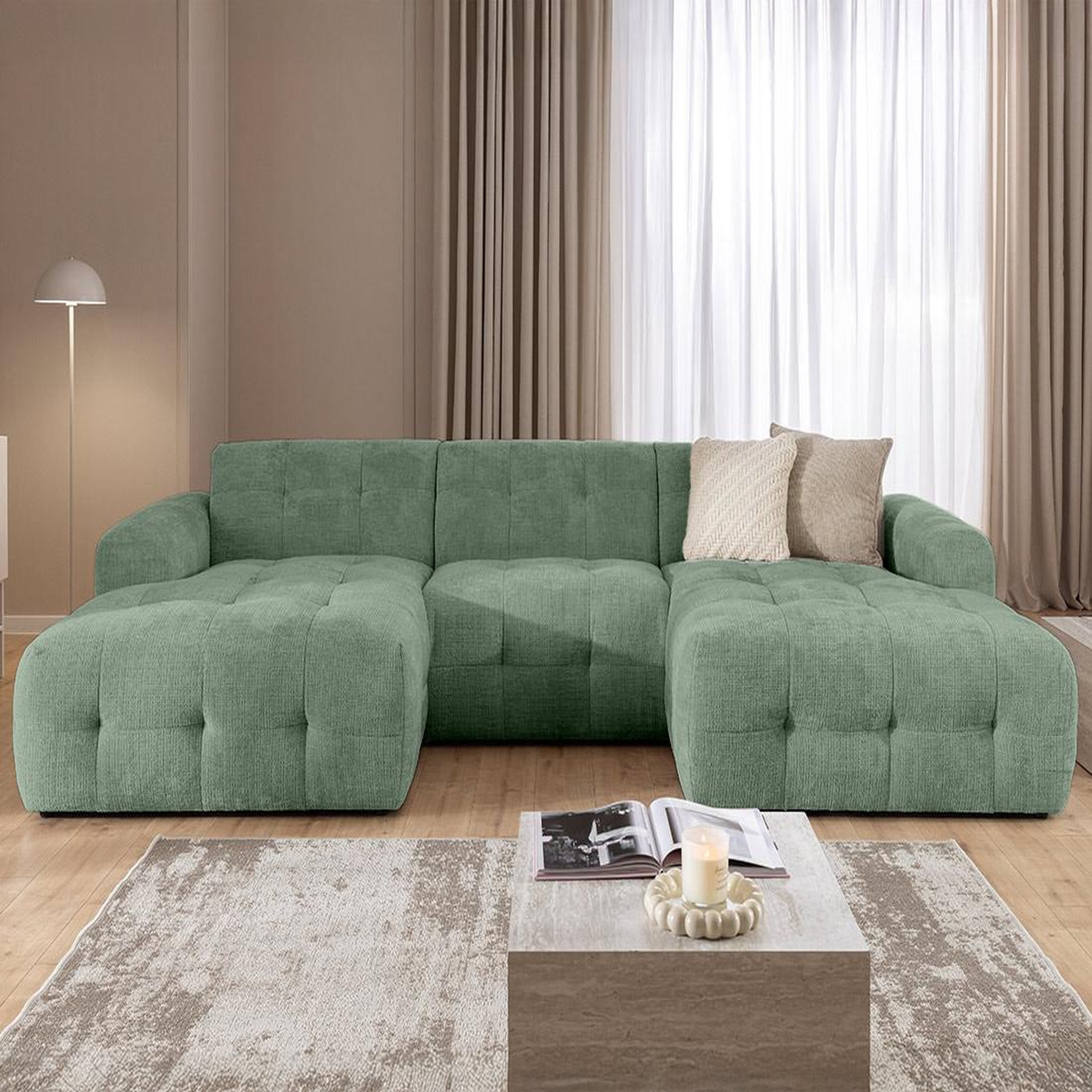 Voir la diapositive 4 : BEST MOBILIER Diane - canapé panoramique en u 6 places en velours texturé