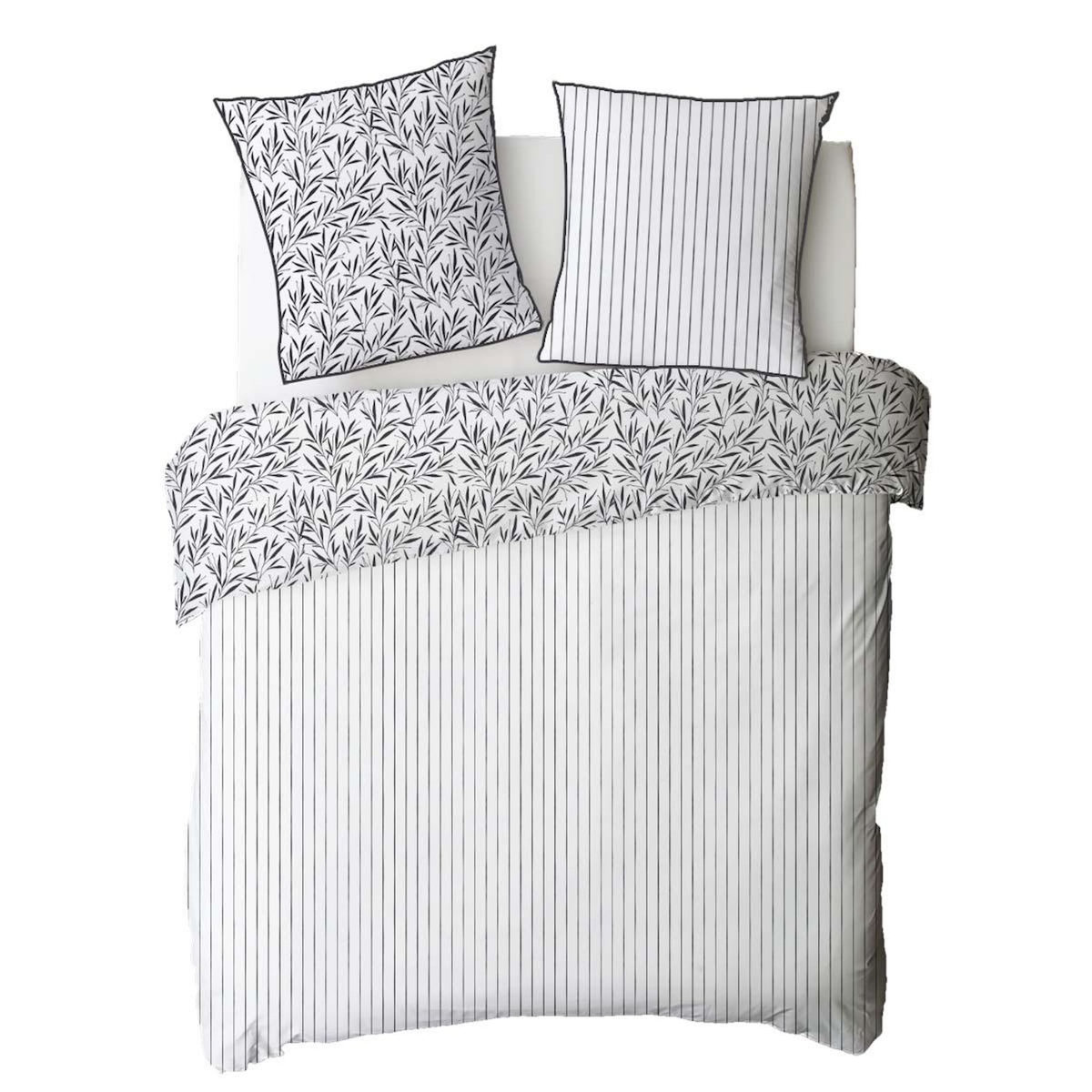 FUTURE HOME Parure de lit 2 personnes feuillage et rayures en coton