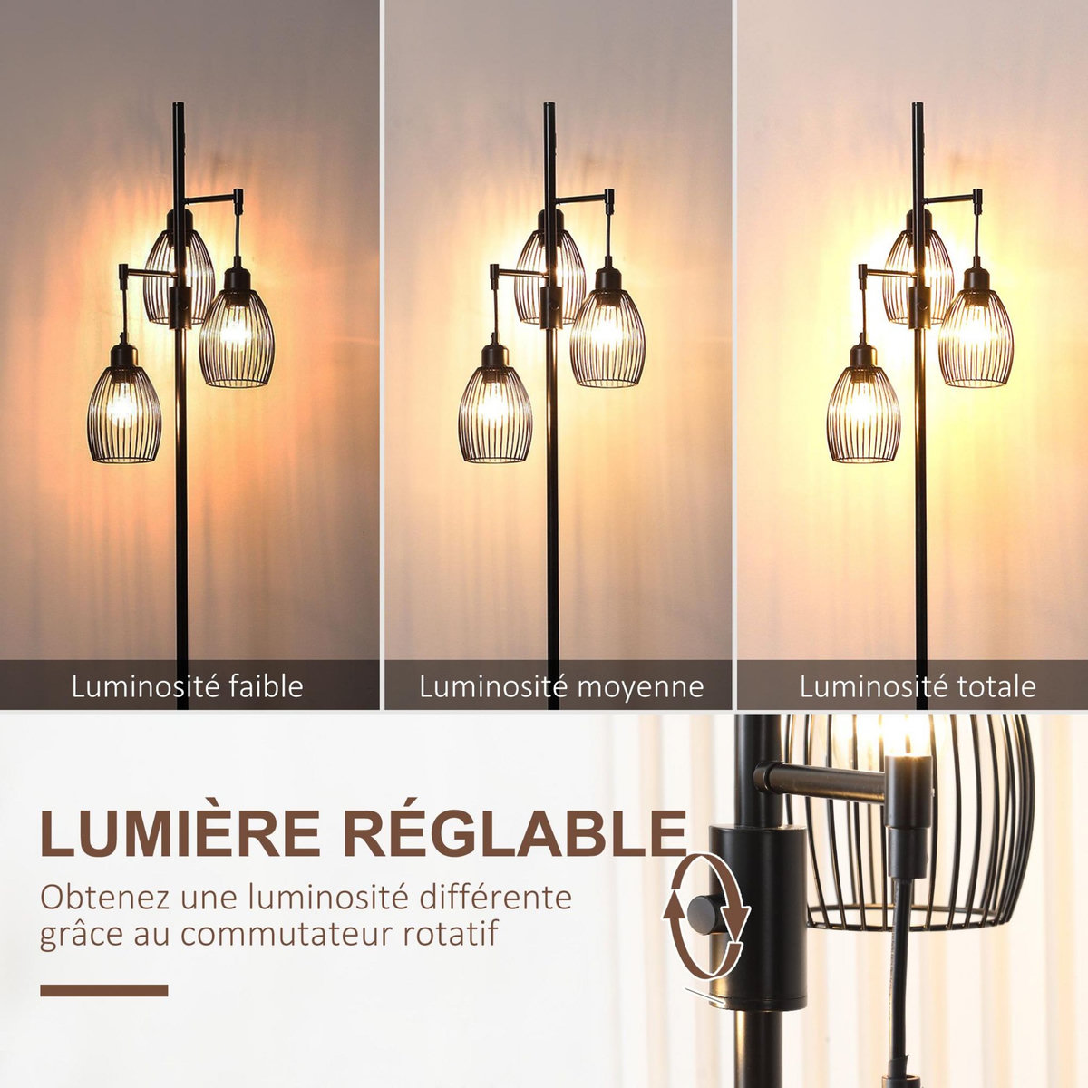 HOMCOM Lampadaire design industriel 3 têtes 40 W max. luminosité réglable métal filaire acier noir