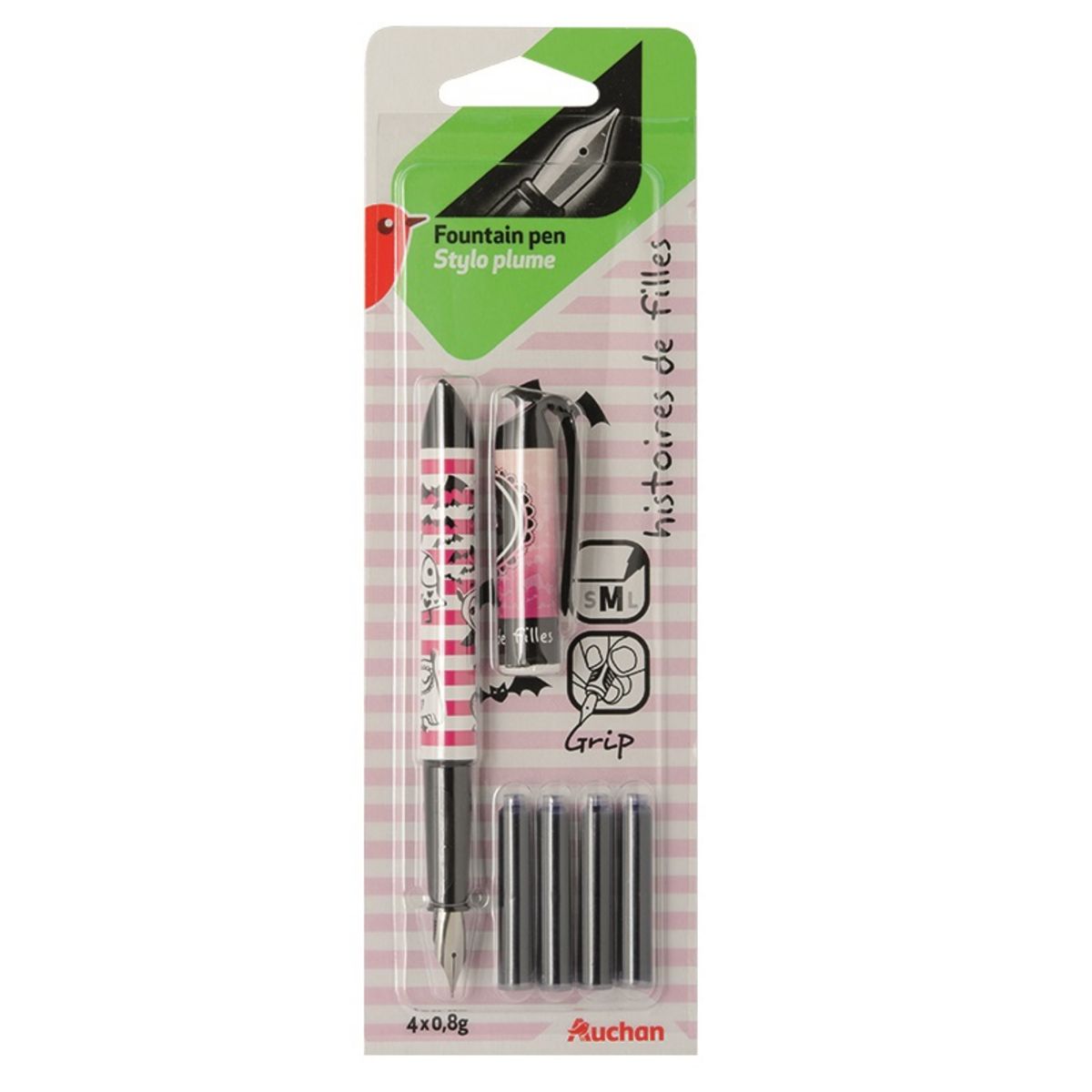 AUCHAN Stylo plume Histoires de filles + 4 cartouches - Love