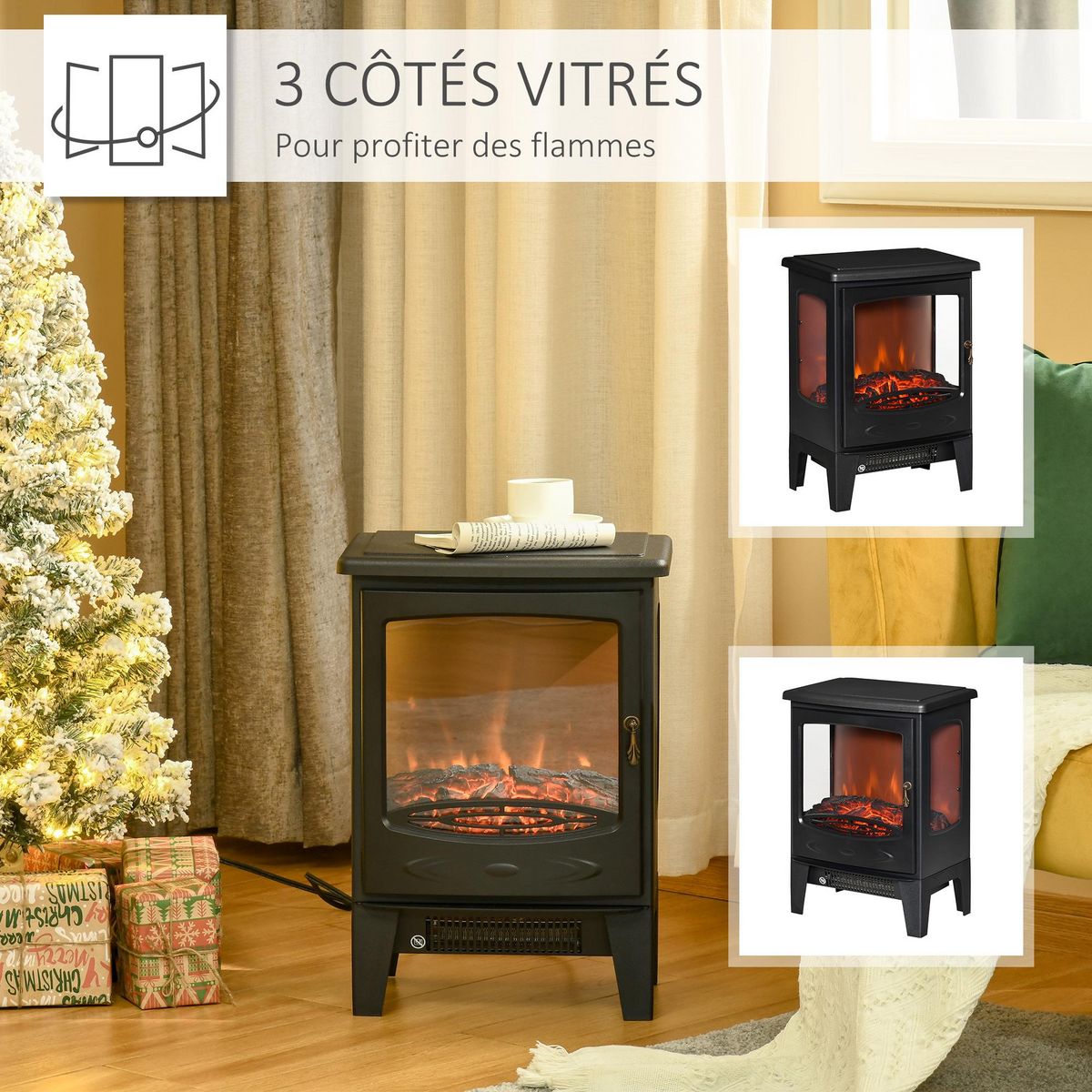 HOMCOM Cheminée électrique poêle style néo-rétro 1000-2000 W simulation flammes LED luminosité réglable acier ABS noir