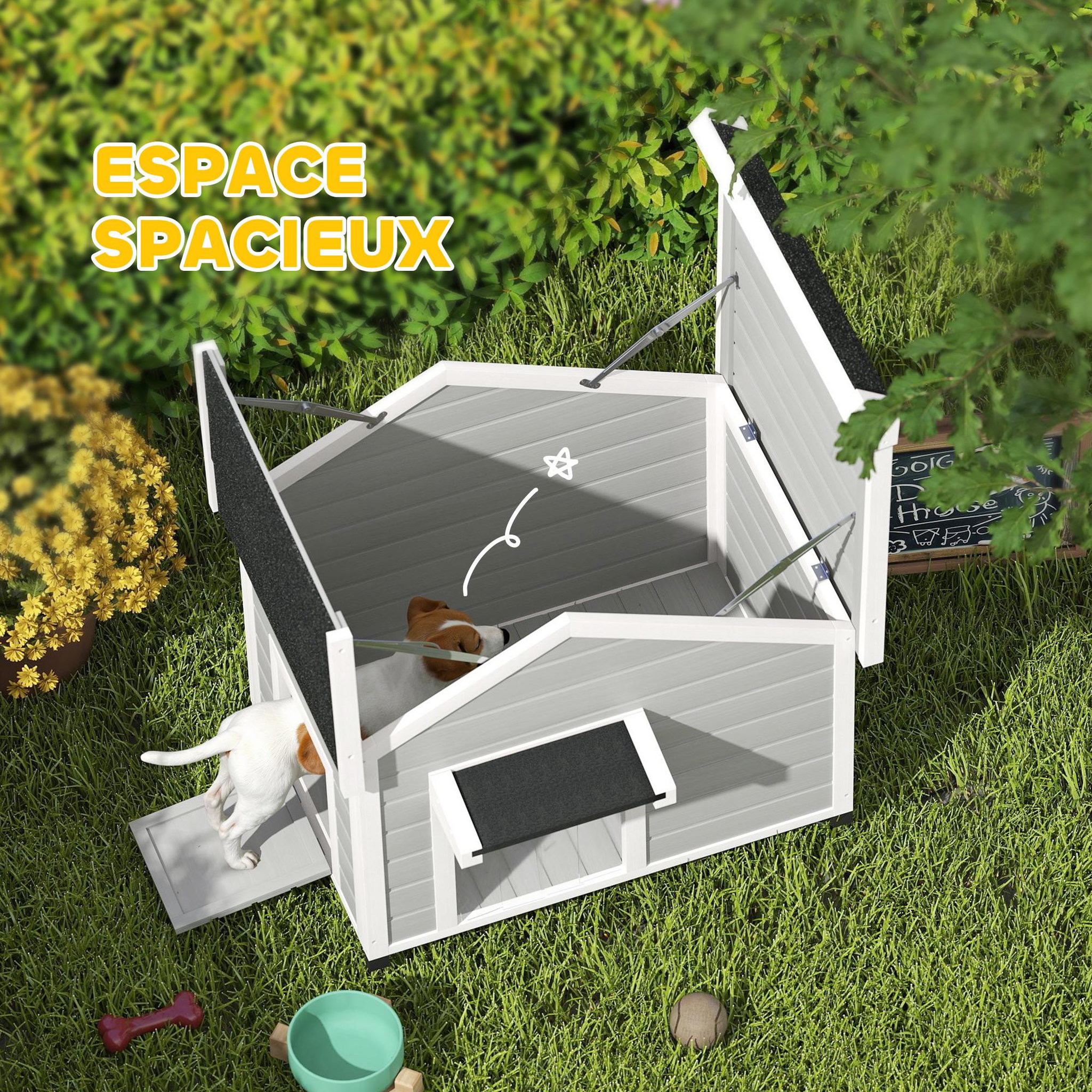 Voir la diapositive 4 : PAWHUT Niche chien sur pied design cottage - toit bitumé ouvrant, 2 portes, rideau à lanières - bois blanc gris