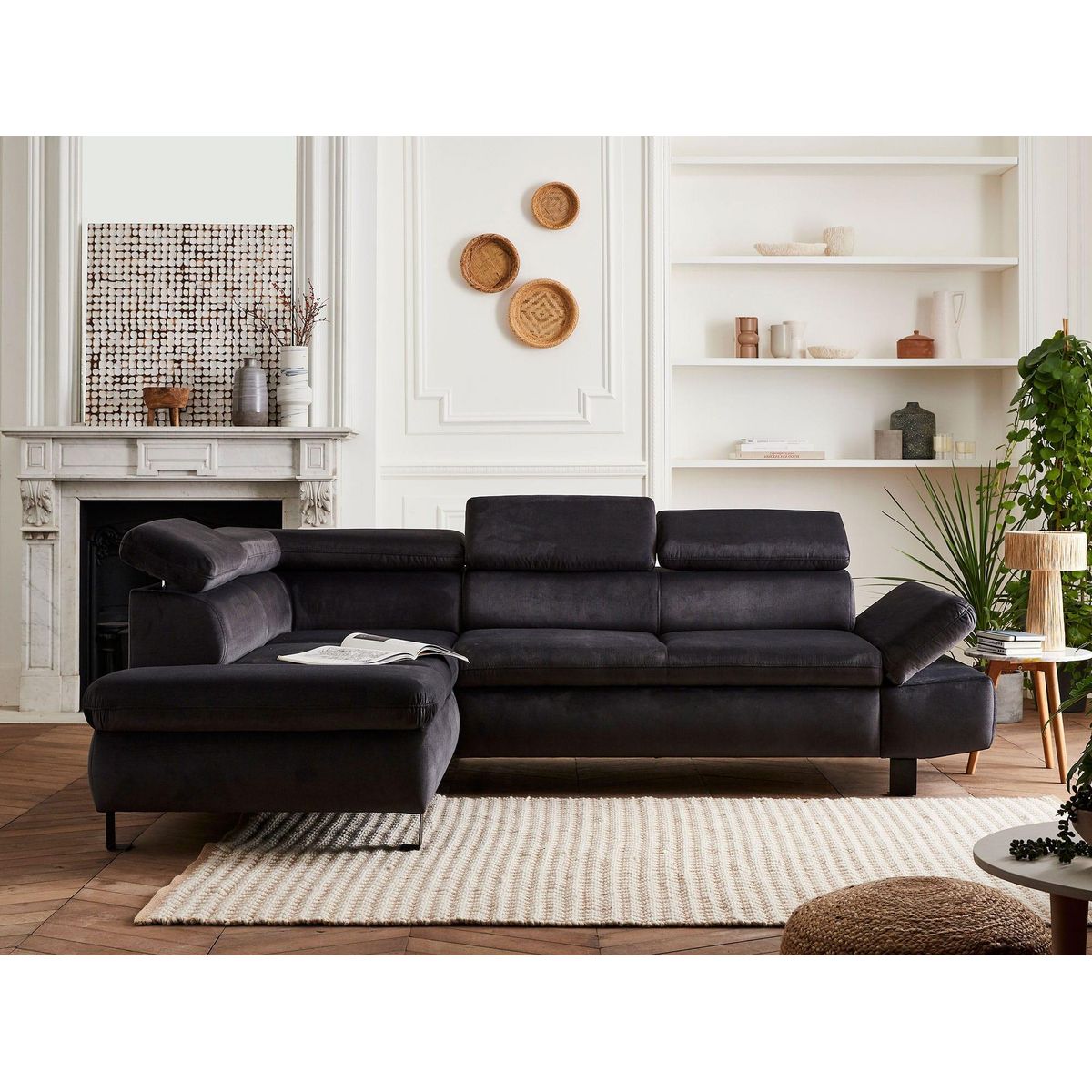 LISA DESIGN Nairobi - canapé d'angle convertible - en velours - 5 places - avec têtières - gauche