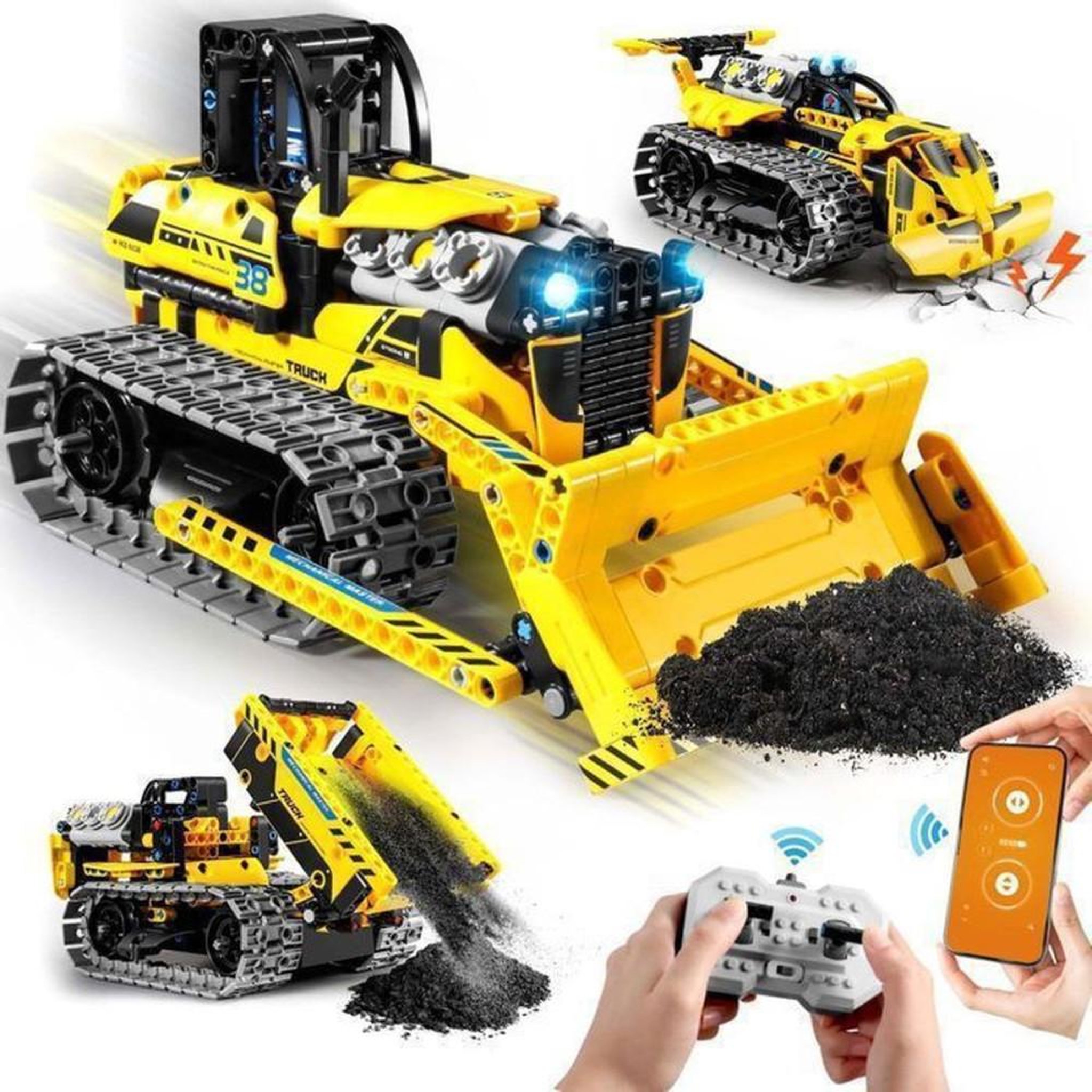 Coffret de construction RC 3 en 1 programmable 2,4 GHz 452 pièces – bulldozer, benne et véhicule chenillé