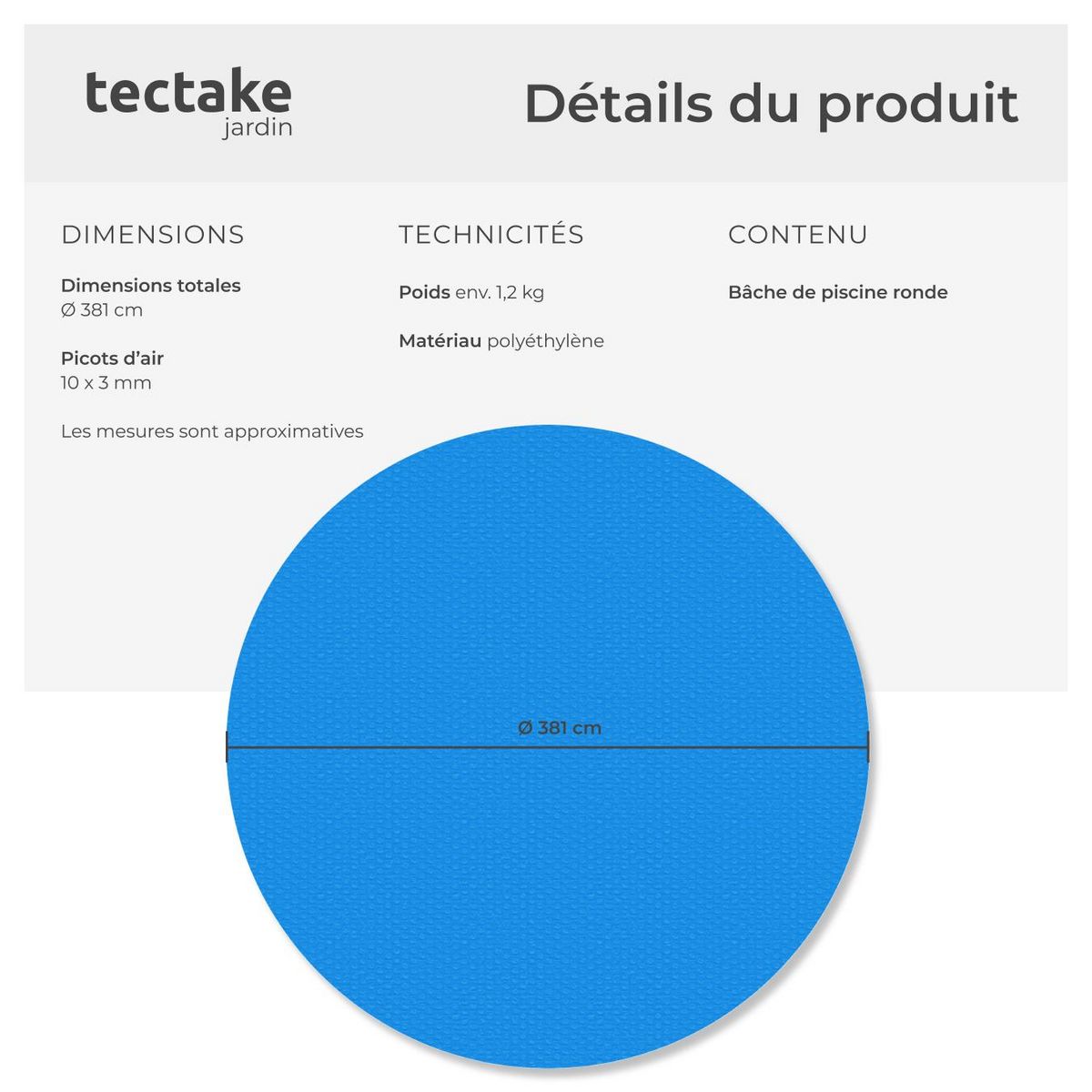 tectake Bâche de piscine rectangulaire et auto-flottante bleu Ø 381 cm