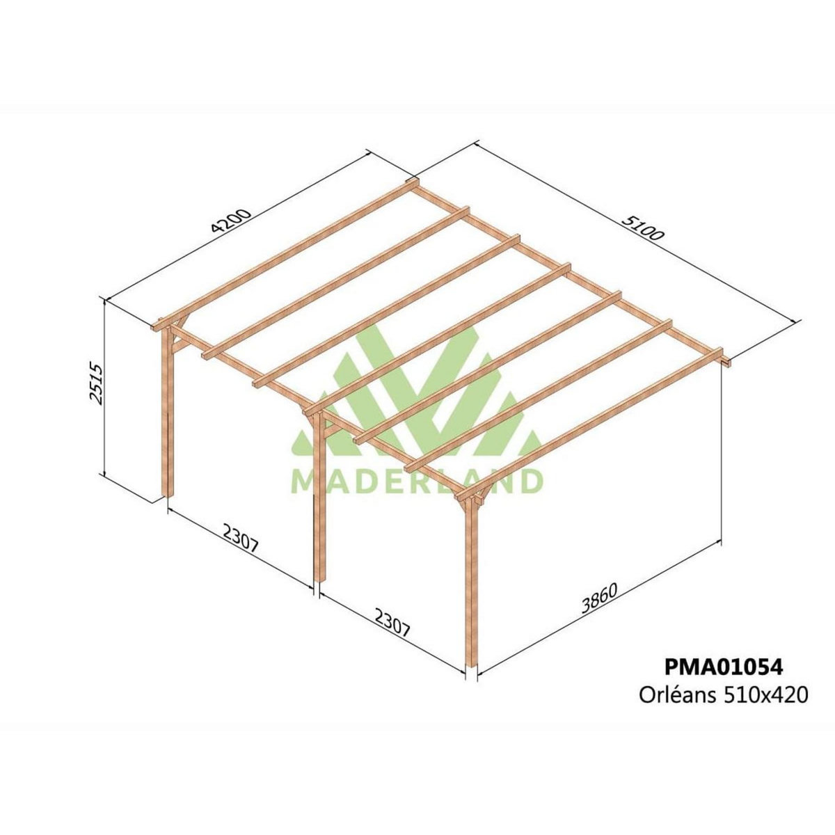 JARDIDECO Pergola adossée en bois massif Orléans 510 x 420 cm- Maderland