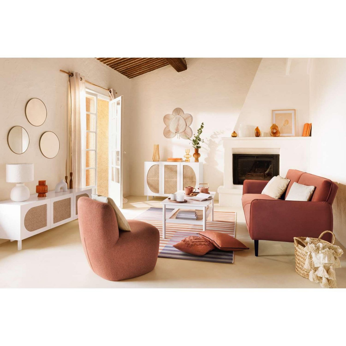 ATMOSPHERA Meuble TV 3 portes en rotin CABRAS - Blanc