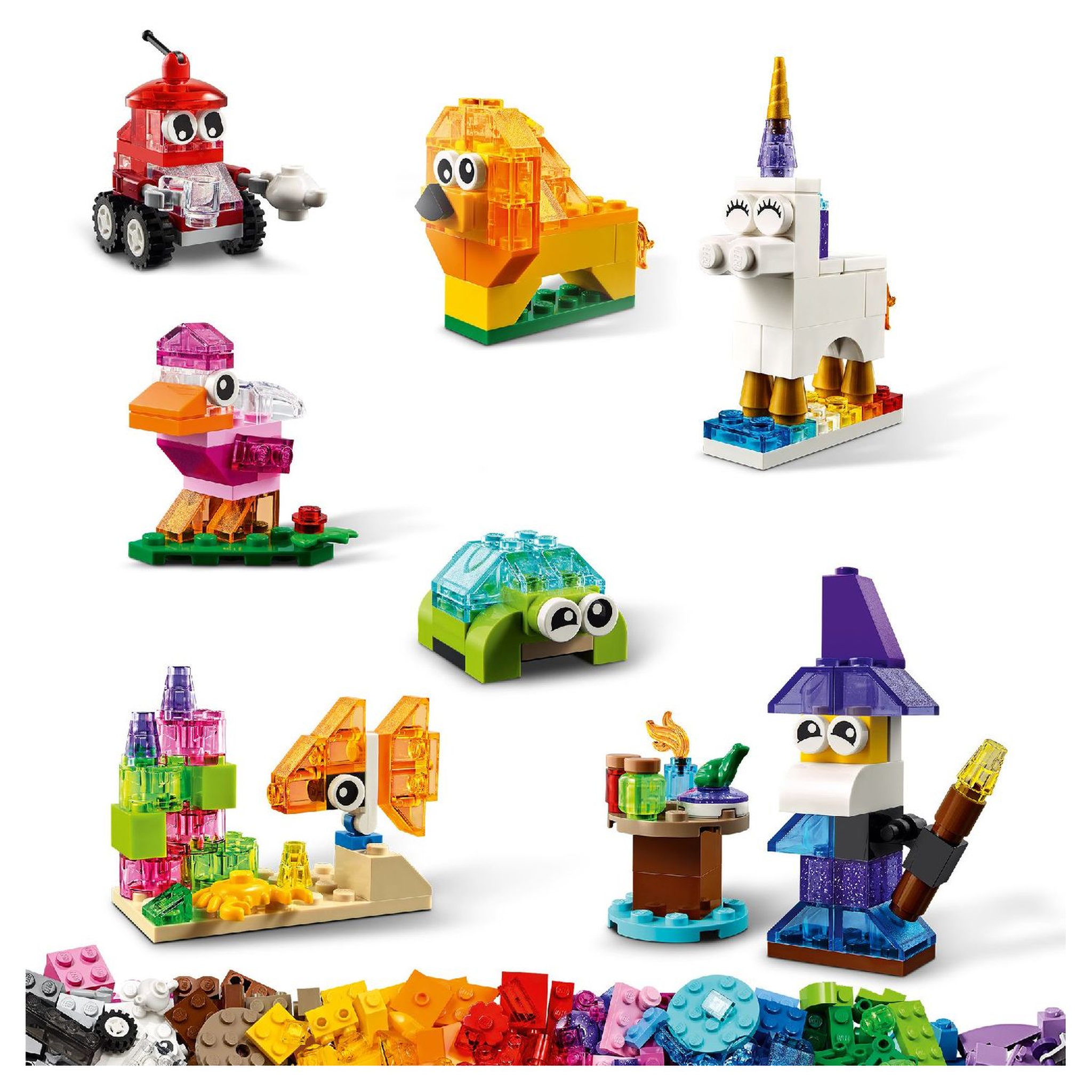 Voir la diapositive 3 : LEGO Classic 11013 - Briques transparentes créatives, Set avec Animaux Lion, Oiseau, Tortue, Jeu de Construction Enfants +4 ans