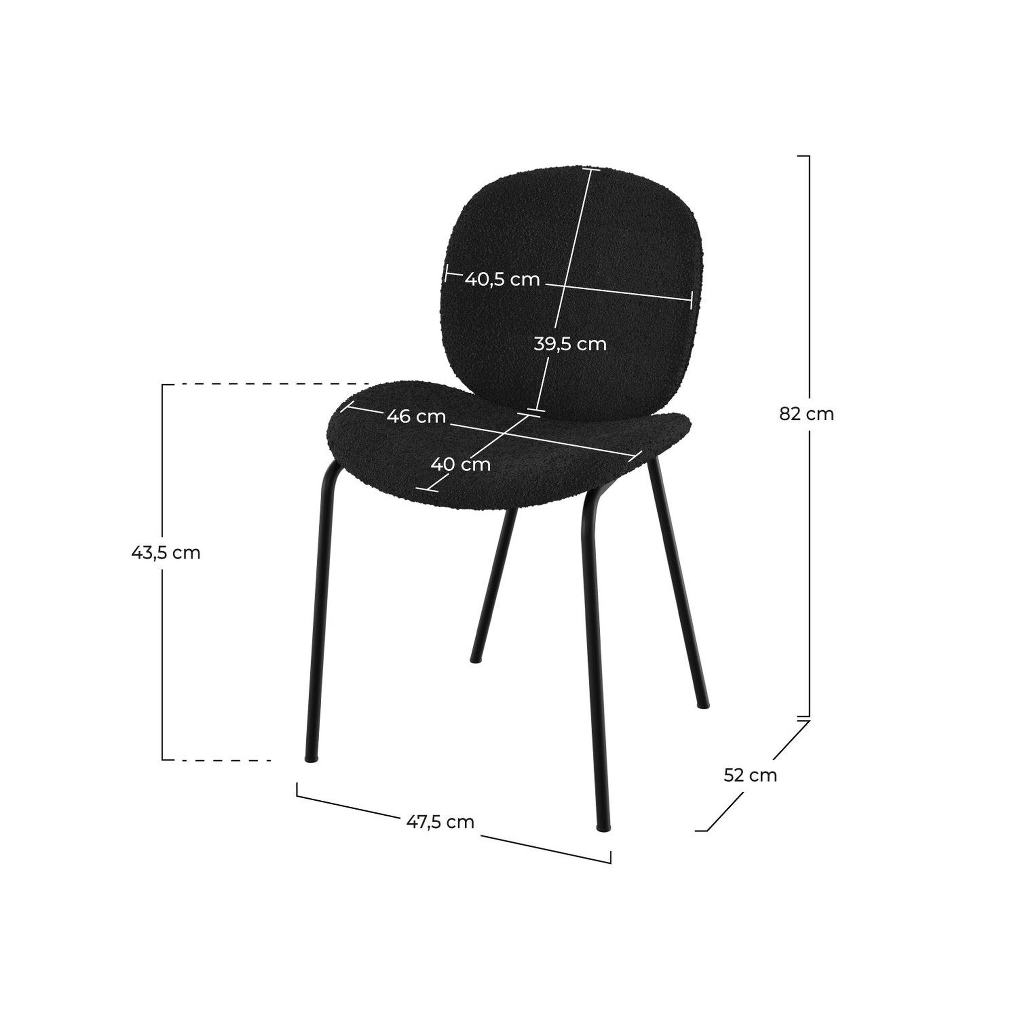 Voir la diapositive 4 : MAISON PAVANE Lot de 2 chaises en tissu bouclé noir et pieds en métal noir-iris