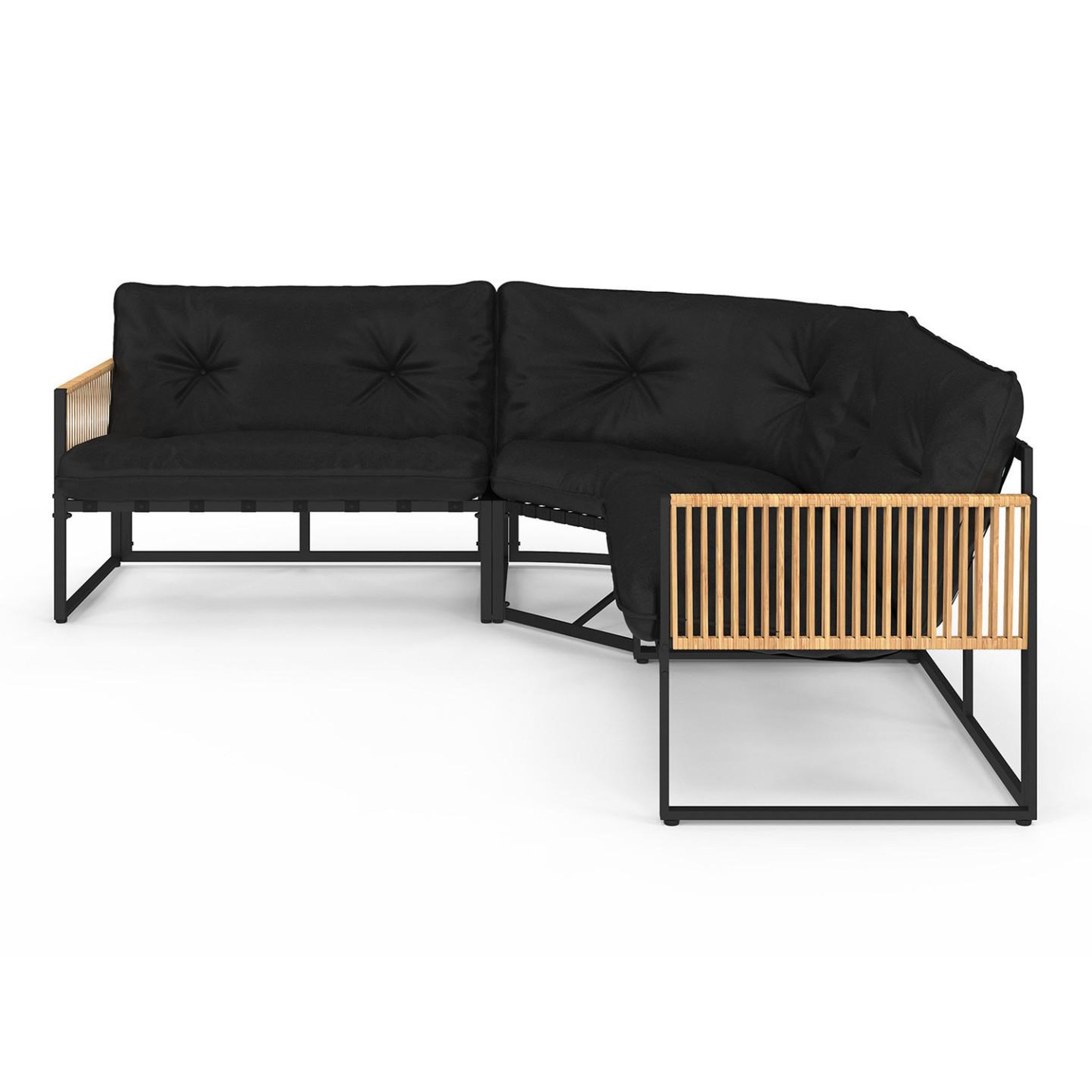 Voir la diapositive 3 : ID MARKET Salon de jardin bas rio 8 places salon d'angle structure métal et cordage effet rotin clair et coussins noir