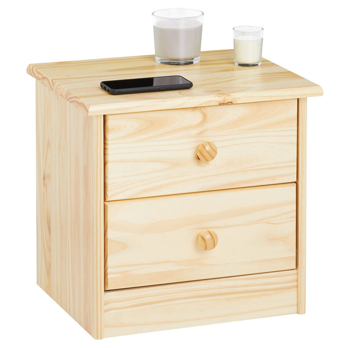 IDIMEX Table de chevet RONDO avec 2 tiroirs, table de nuit en pin massif, chevet en bois vernis naturel