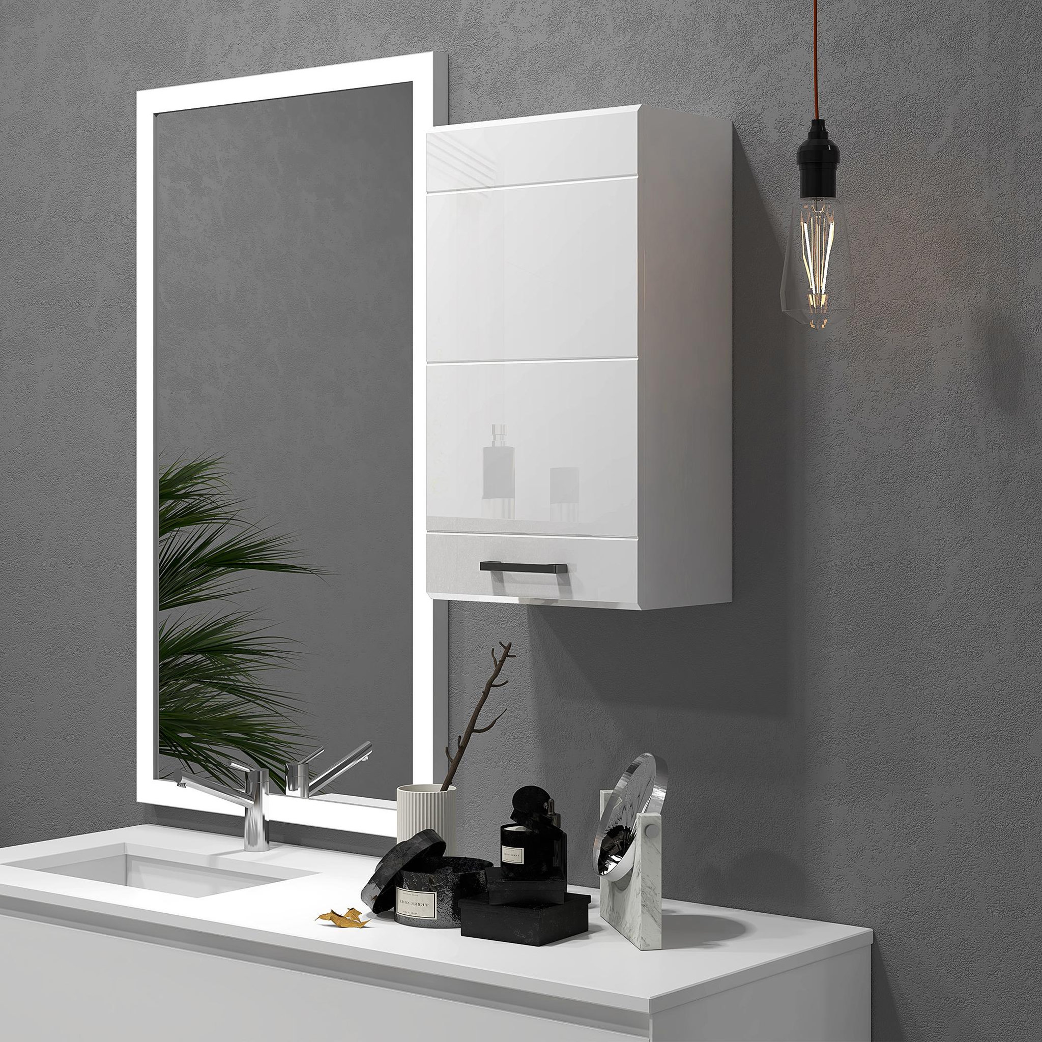 Voir la diapositive 4 : KLEANKIN Armoire haute murale de salle de bain ou wc - placard porte 2 étagères - dim. 41l x 18l x 52h cm - mdf blanc mat laqué