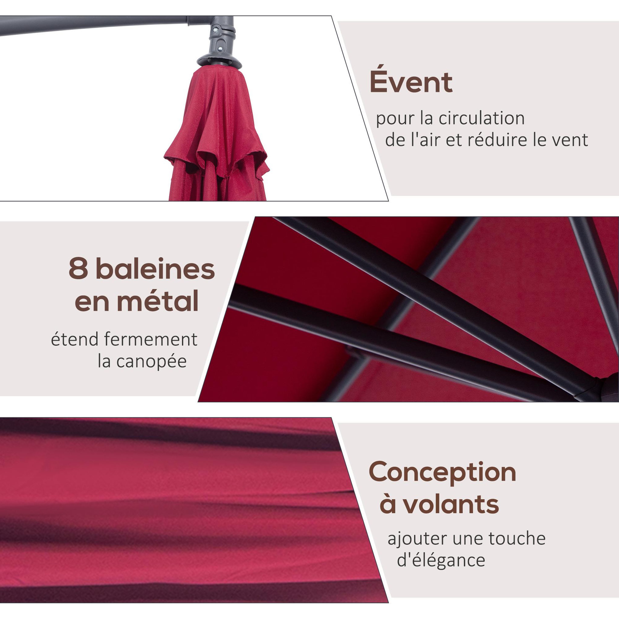 Voir la diapositive 6 : OUTSUNNY Parasol déporté octogonal à manivelle inclinable manivelle avec pied en acier diamètre 3 m rouge