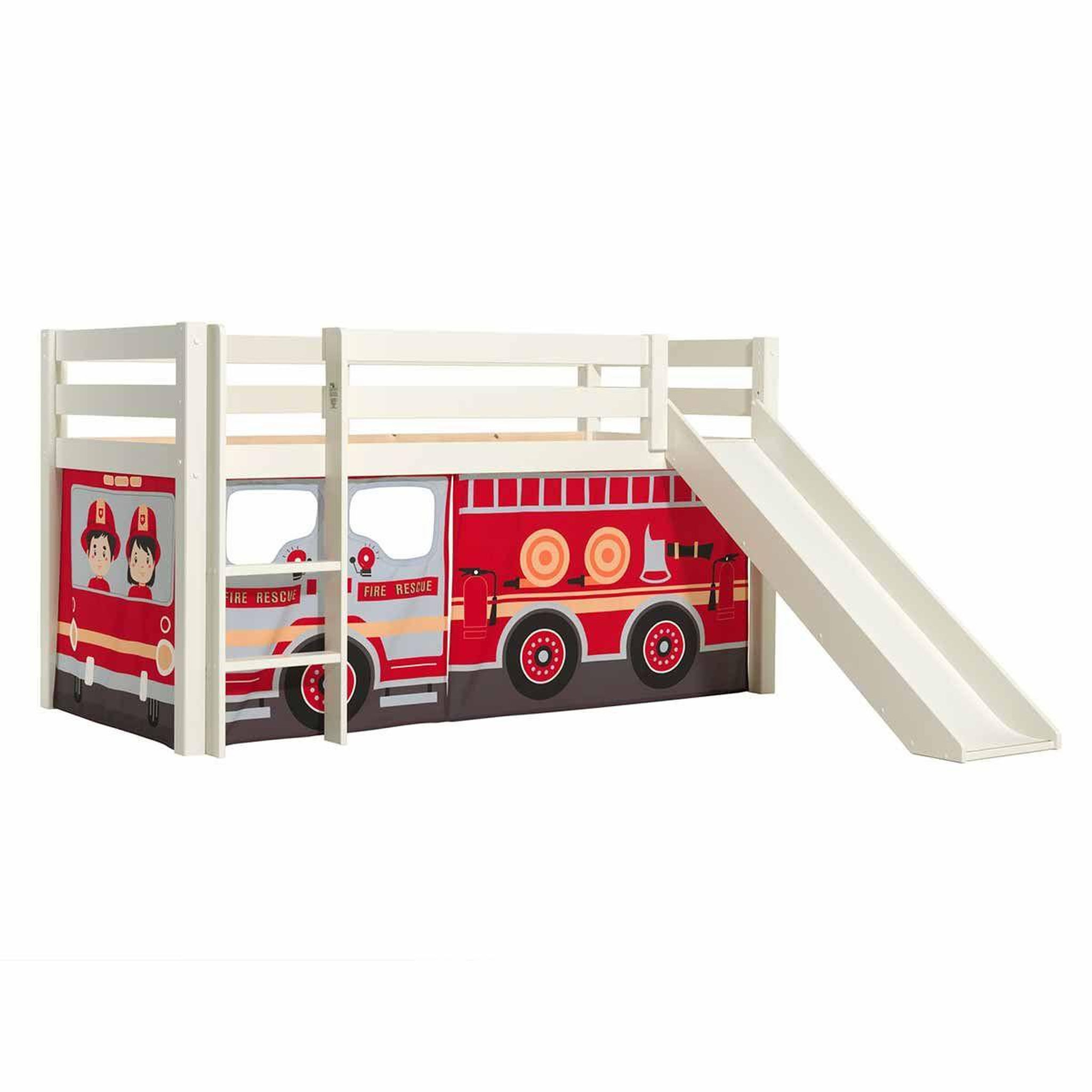 Paris Prix Lit enfant surélevé avec toboggan  pino fire truck  90x200cm blanc