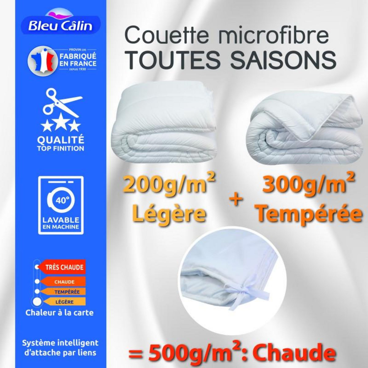 Bleu Calin Couette toutes saisons microfibre 220 x 240 cm pour lit 2 places 140 x 190 cm à 160 x 200 cm - Blanc - 220 x 240 cm pour lit 2 places