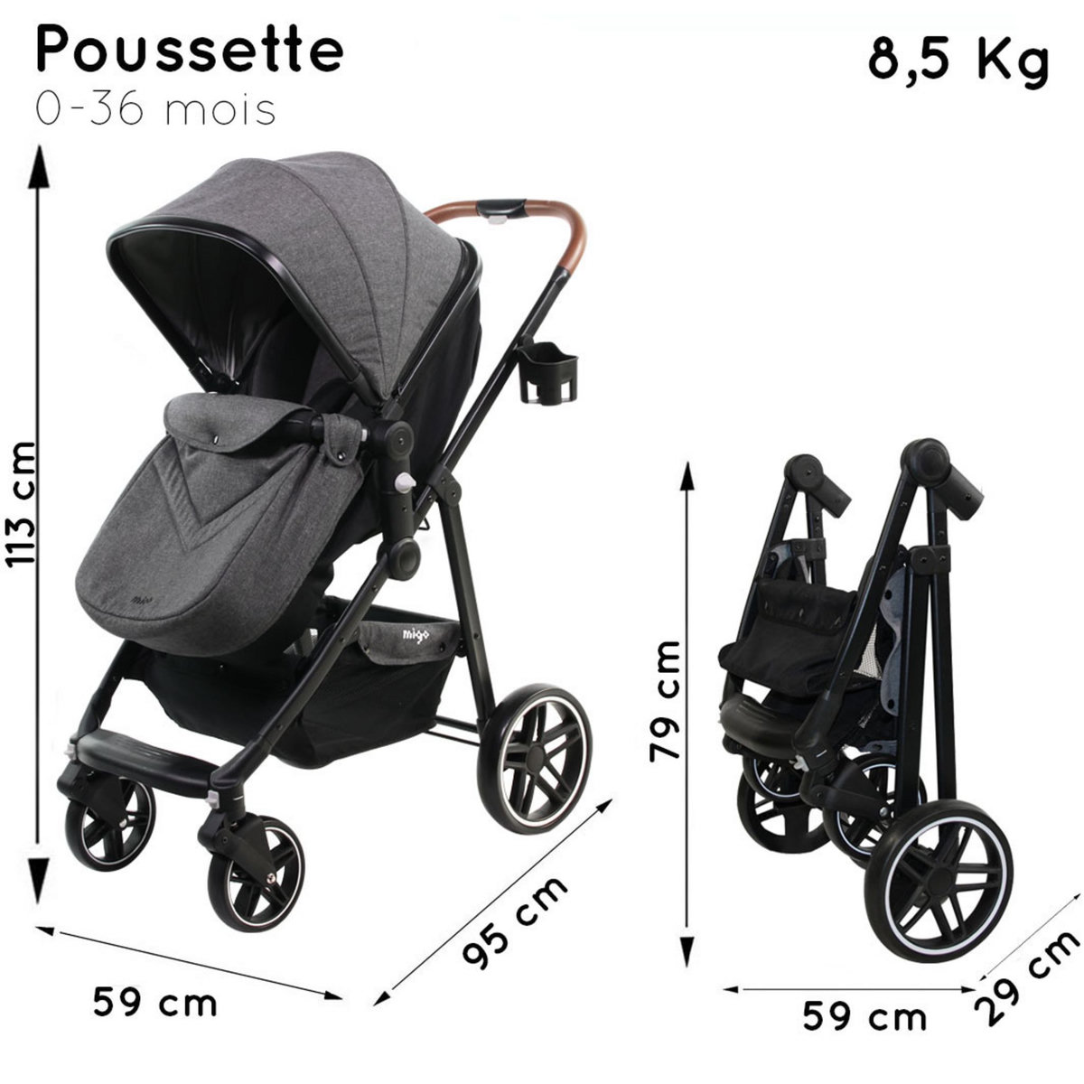 NANIA Poussette combinée 3 en 1 ROMY  Siège auto BEONE Grp 0+