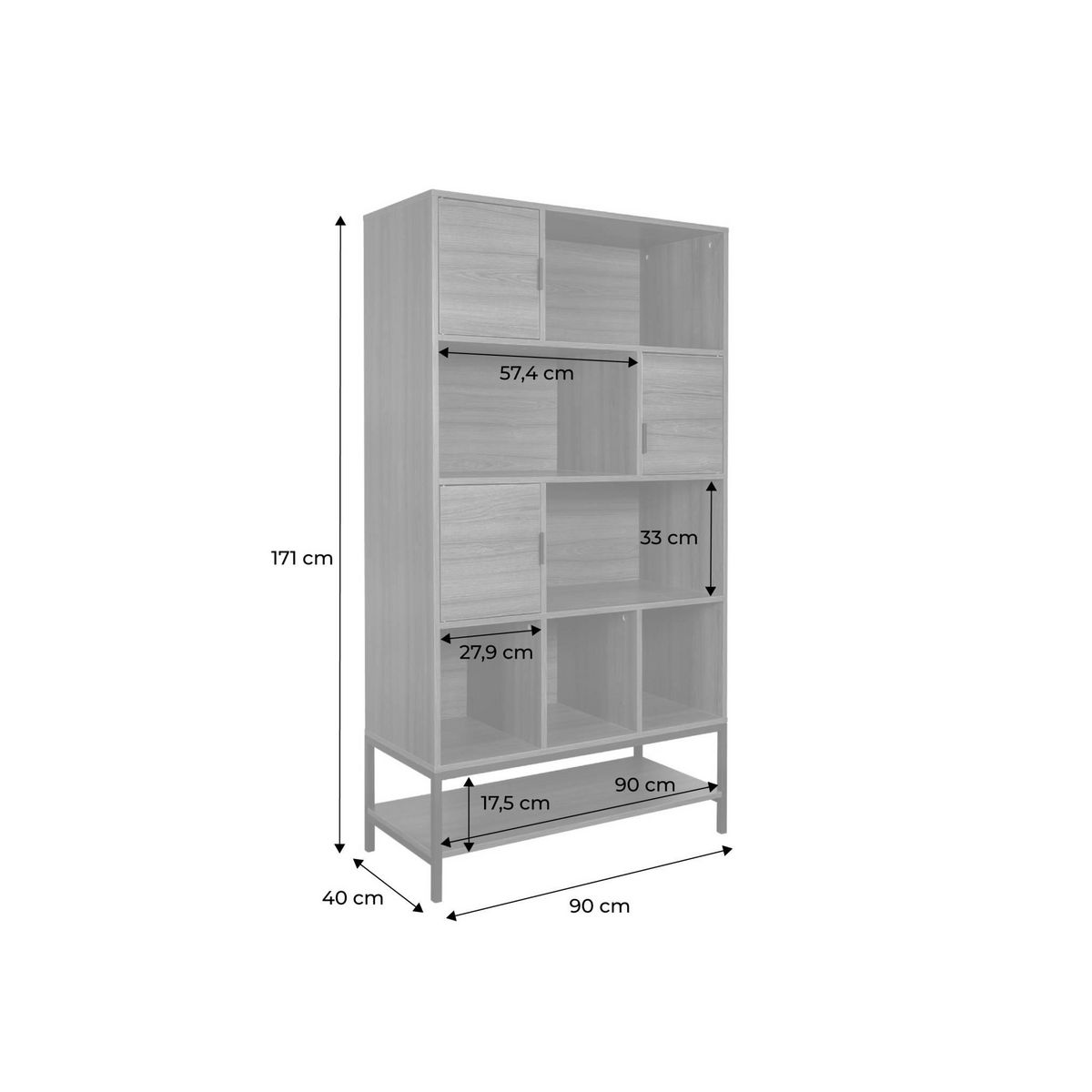 SWEEEK Bibliothèque style vintage en décor noyer et métal noir avec 9 compartiments (3 portes et 5 étagères)