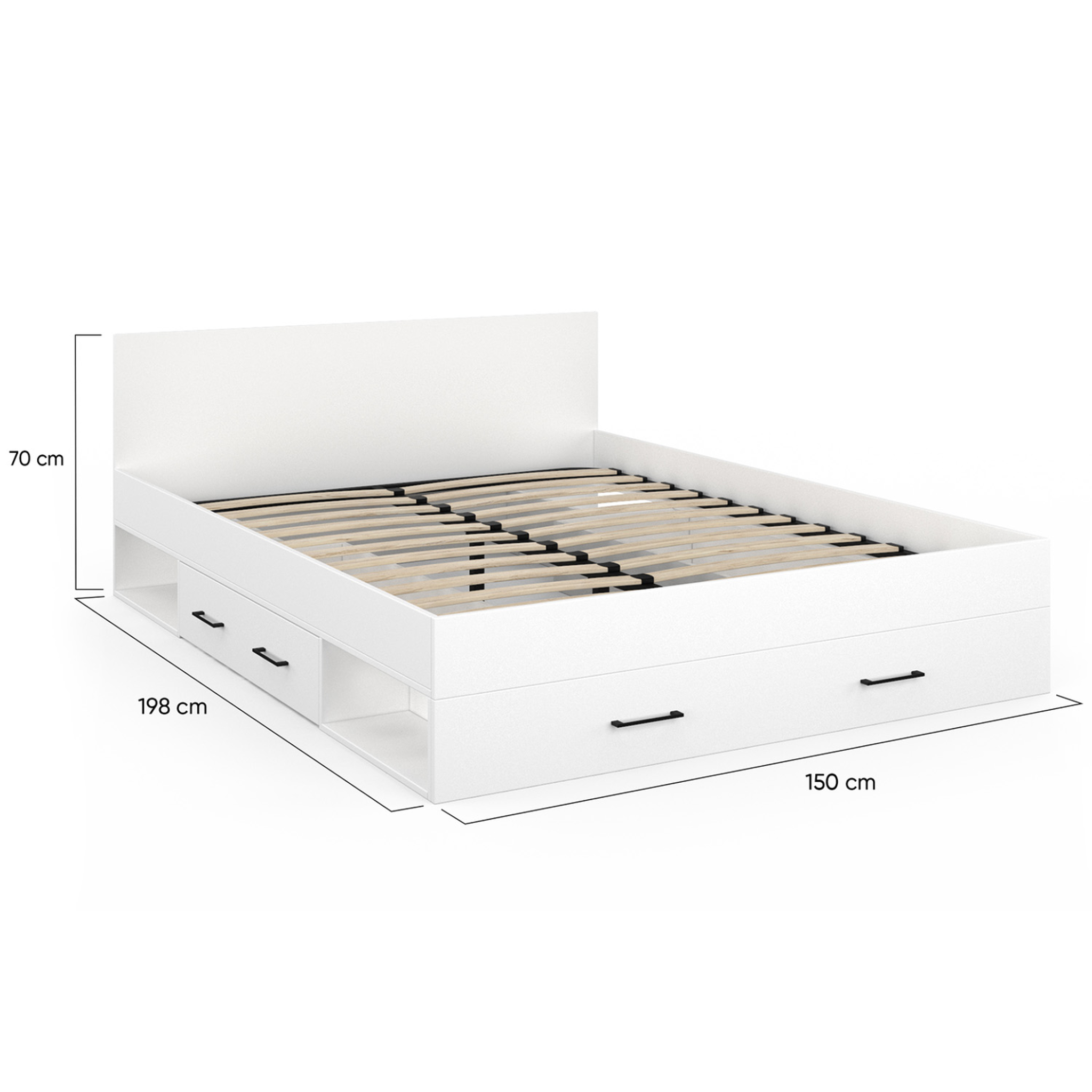 Voir la diapositive 5 : ID MARKET Lit double minea avec tiroirs + niches de rangement + tête de lit et sommier 140 x 190 cm blanc